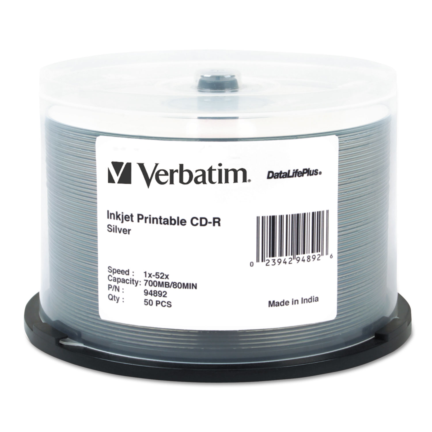  Verbatim 94892 CD-R Discs, Printable, 700MB/80min, 52x, Spindle, Silver, 50/Pack (VER94892) 