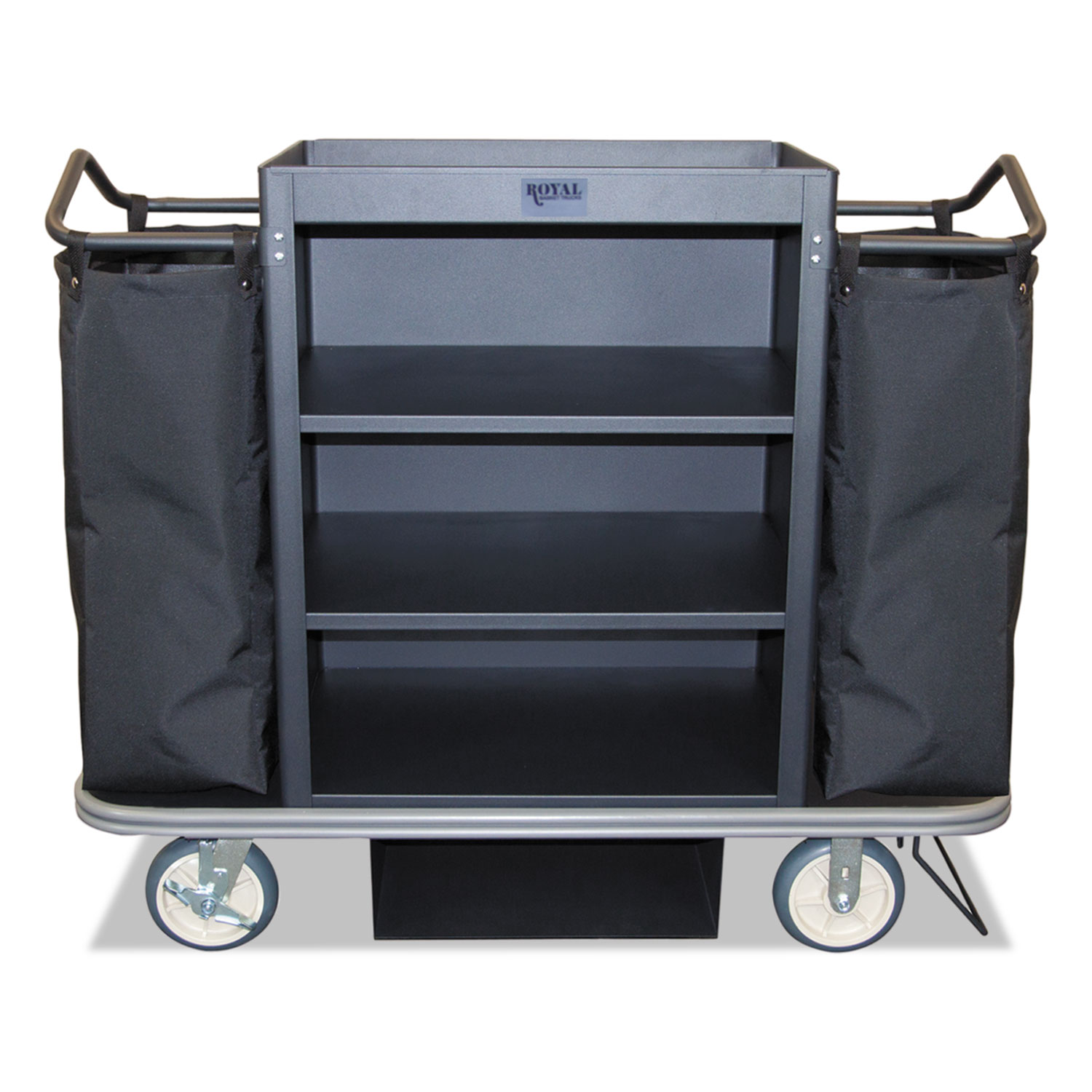 Deluxe Housekeeping Cart, Plastic, 4 Shelves, 2 Bins, 55" x 47" x 47", Black