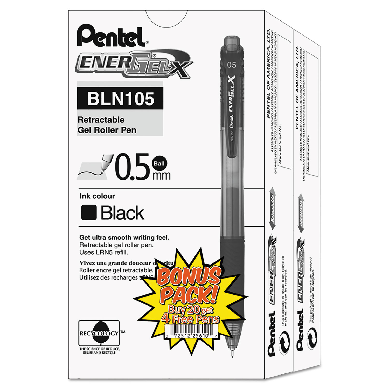  Pentel BLN105ASW2 EnerGel-X Retractable Gel Pen, 0.5 mm Needle Tip, Black Ink/Barrel, 24/Pack (PENBLN105ASW2) 