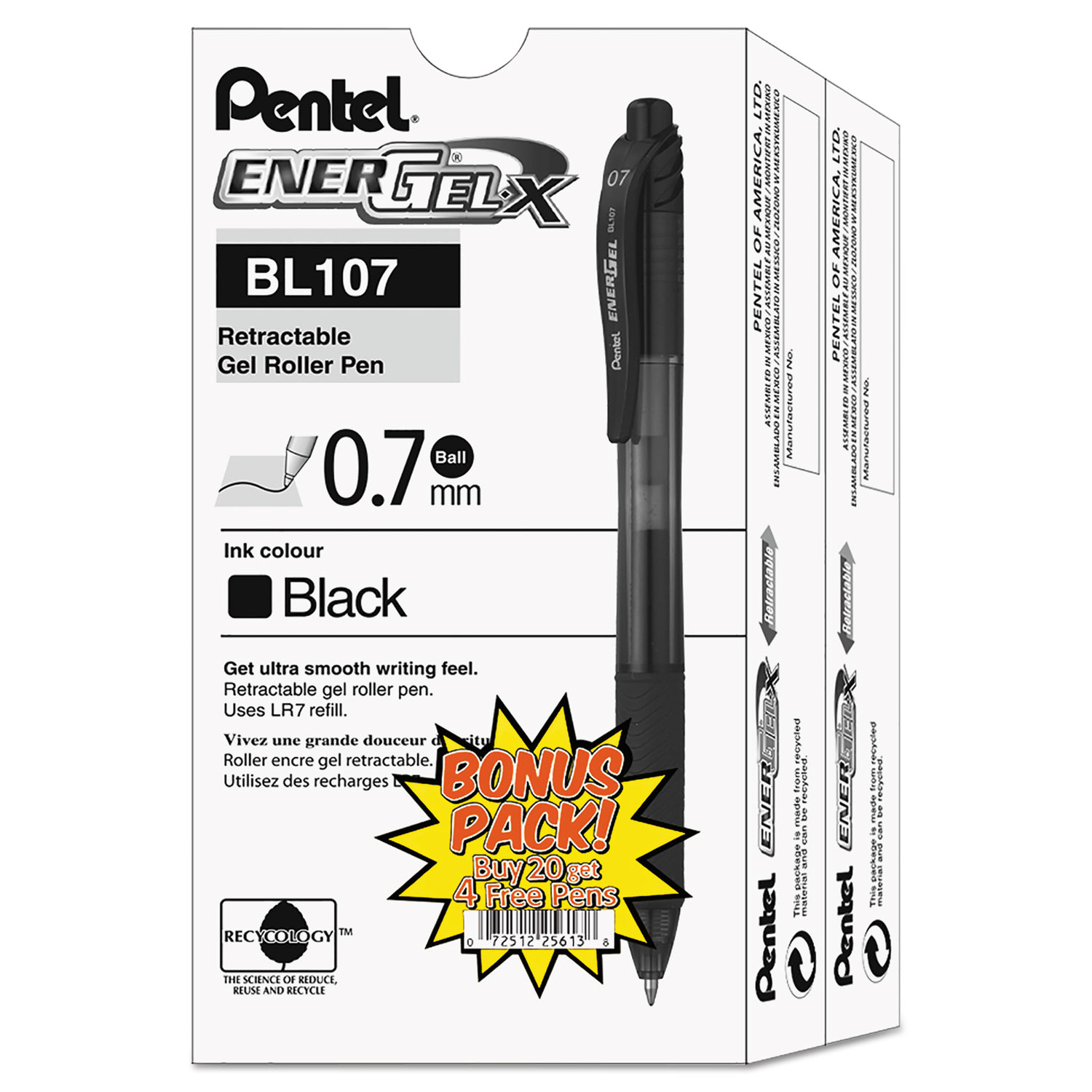  Pentel BL107ASW2 EnerGel-X Retractable Gel Pen, 0.7 mm Metal Tip, Black Ink/Barrel, 24/Pack (PENBL107ASW2) 