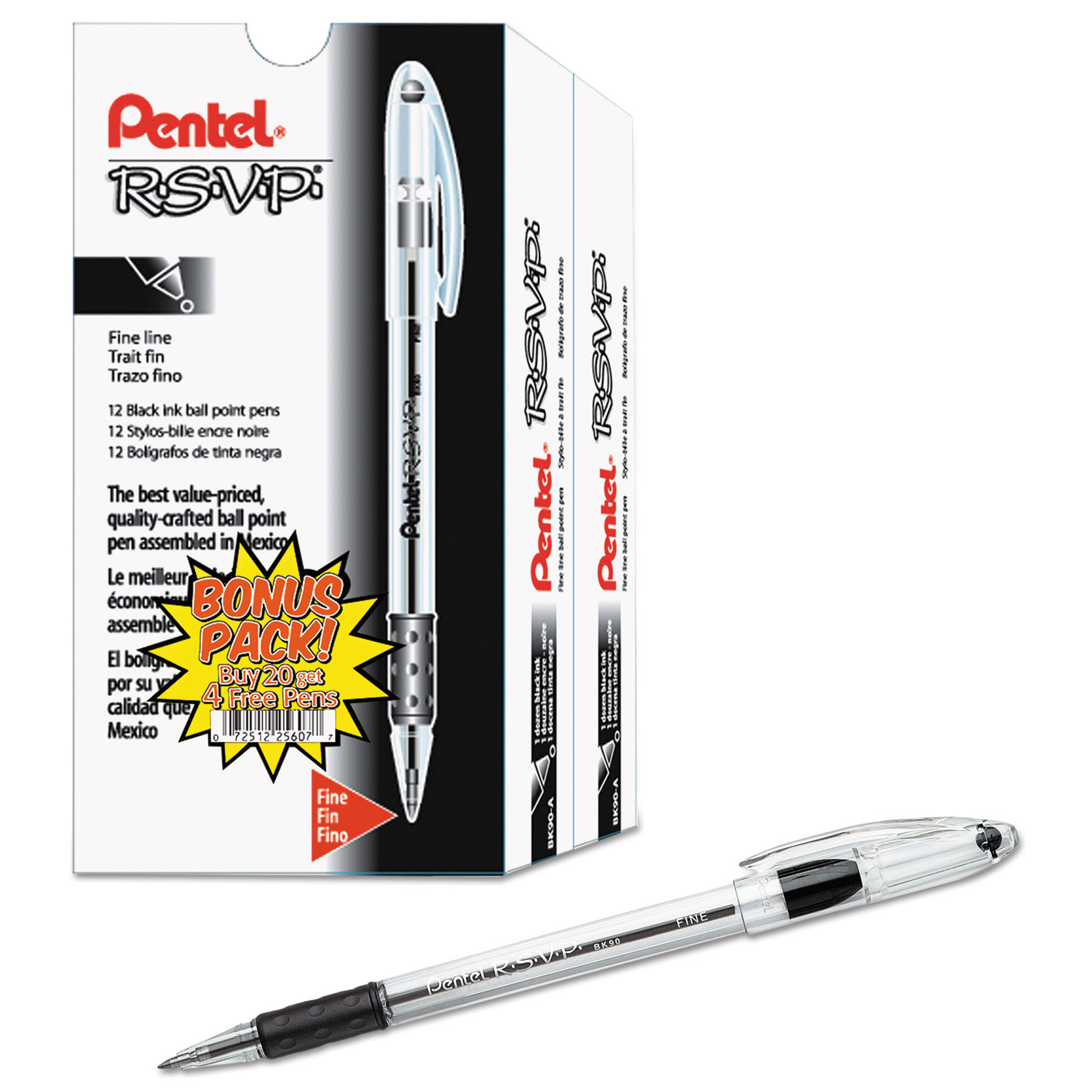 R.S.V.P. Stick Ballpoint Pen, .7mm, Translucent Barrel, Black Ink, 24/Pack