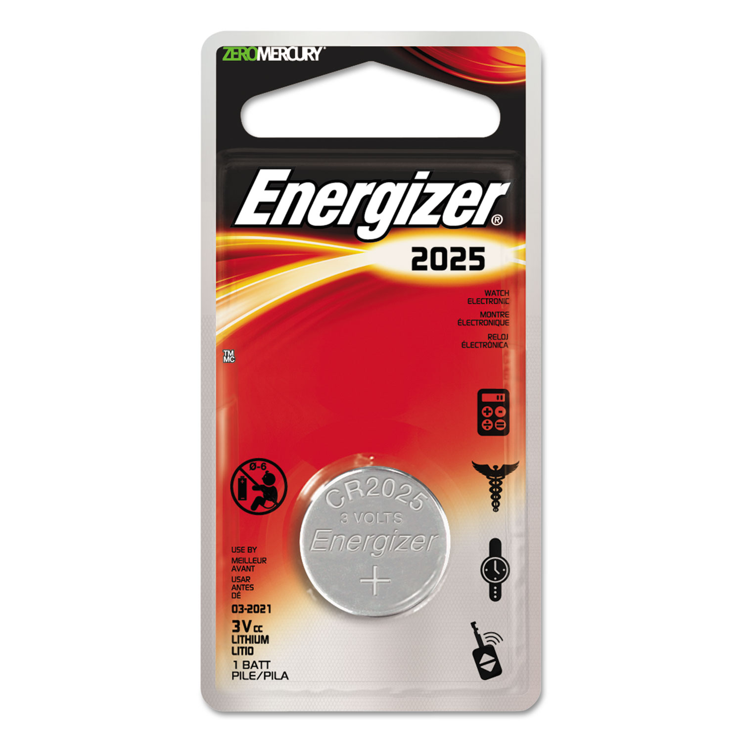 Energizer CR2025 lithium battery, 3,0V @