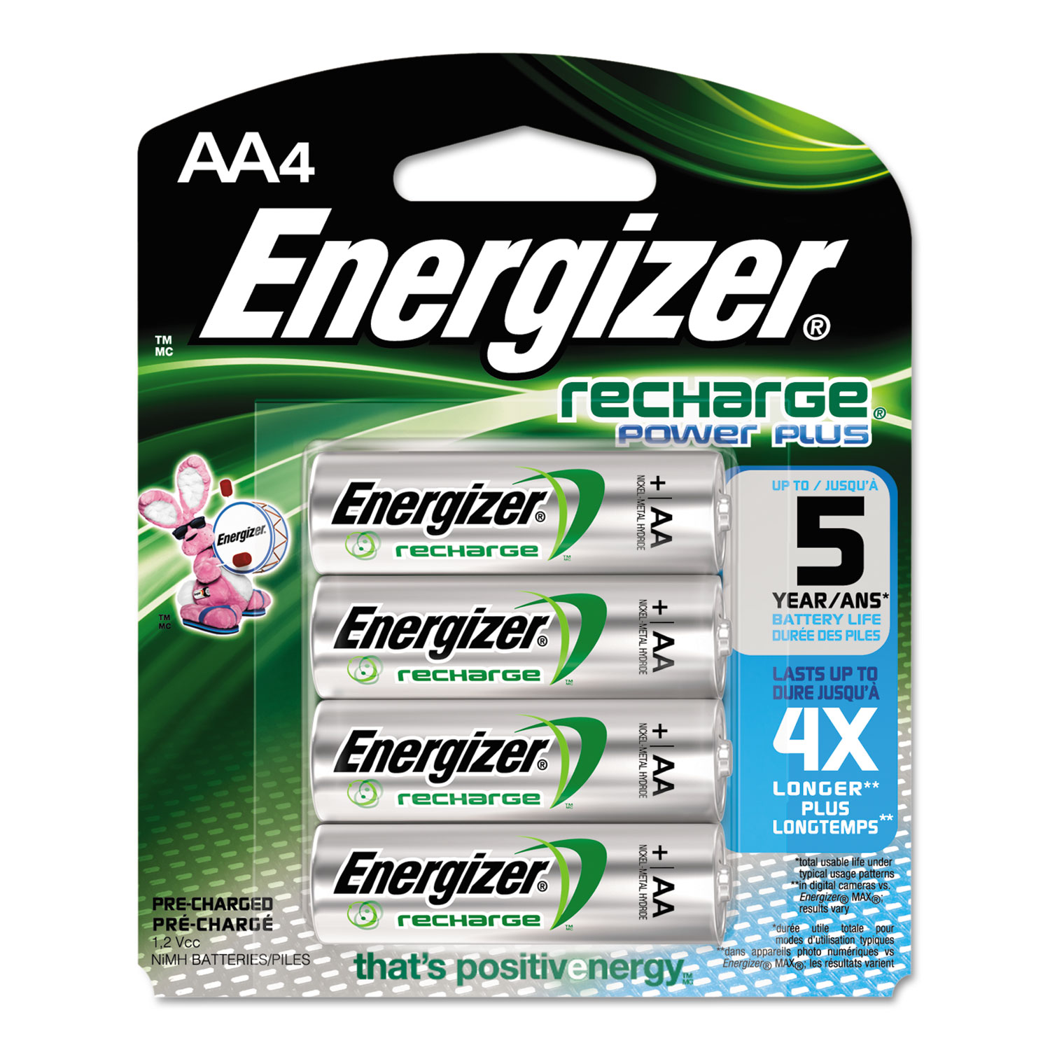 NiMH Rechargeable Batteries, AA, 4 Batteries/Pack