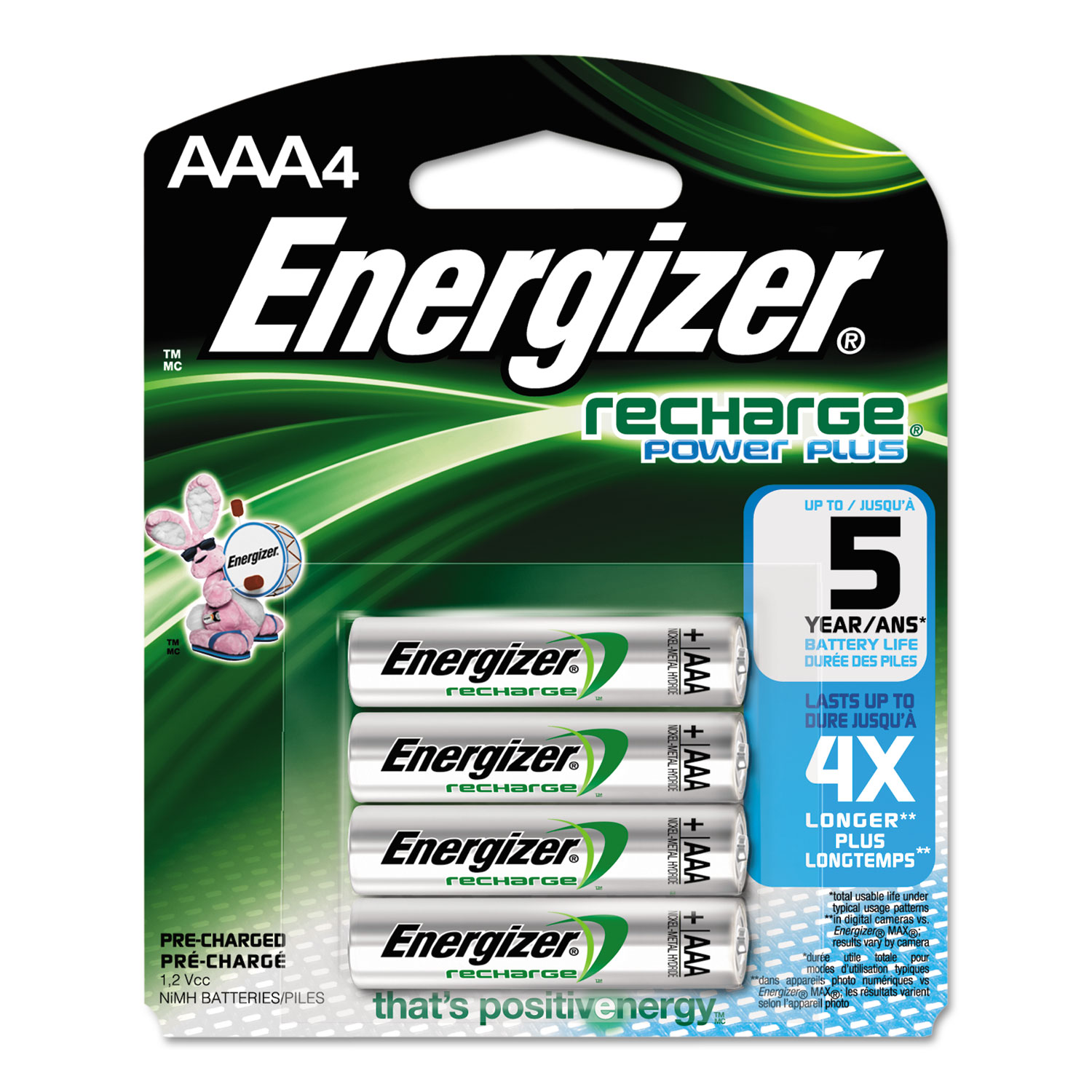NiMH Rechargeable Batteries, AAA, 4 Batteries/Pack