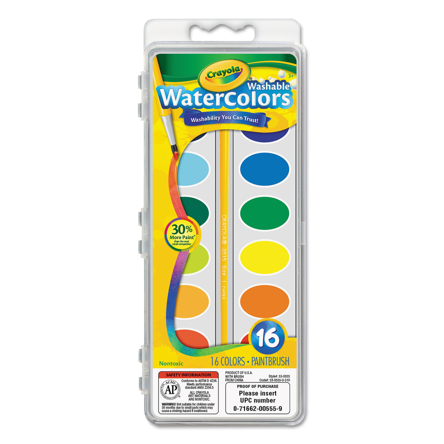  Crayola 530555 Washable Watercolor Paint, 16 Assorted Colors (CYO530555) 