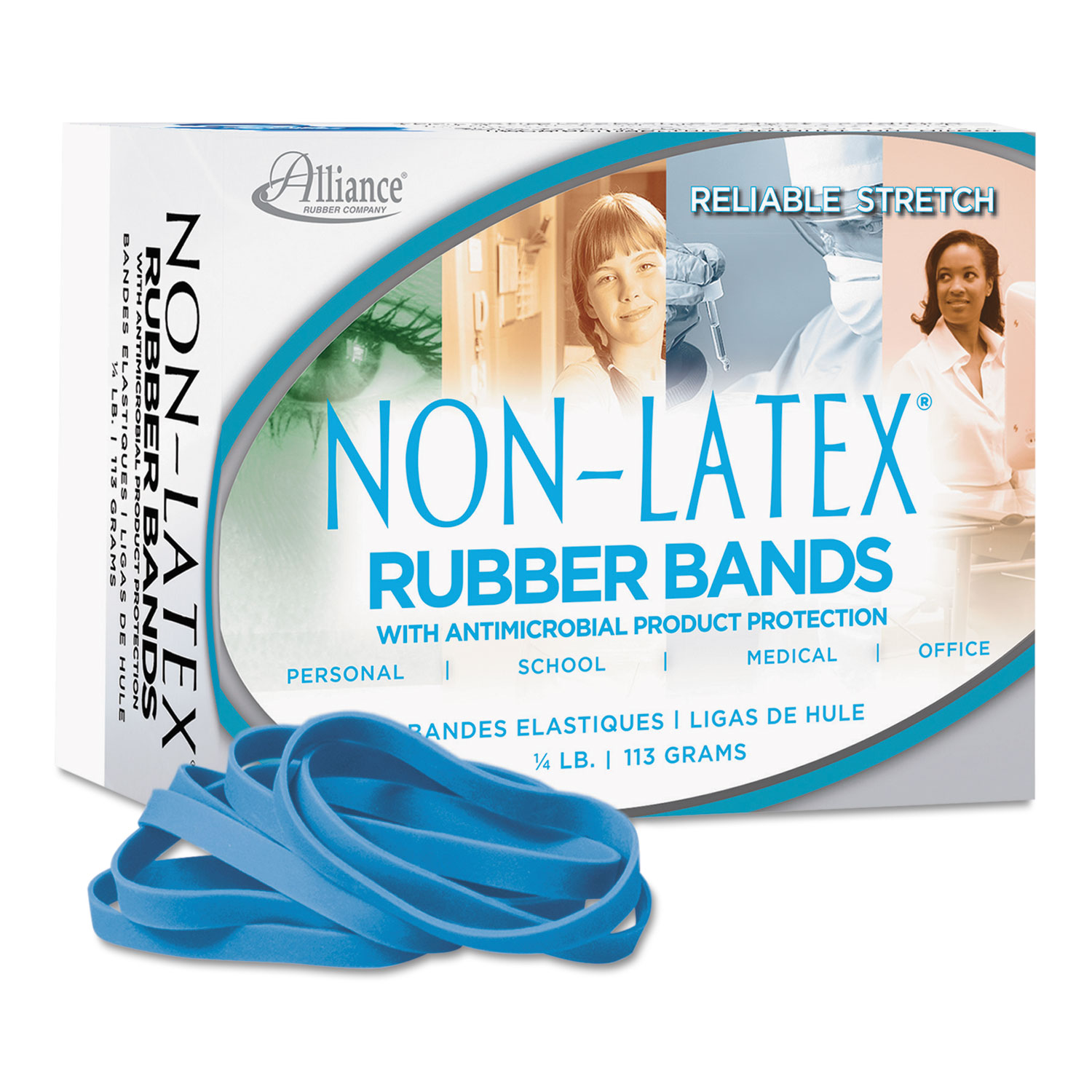Alliance® Antimicrobial Non-Latex Rubber Bands, Size 64, 0.04 Gauge, Cyan Blue, 4 oz Box, 95/Box