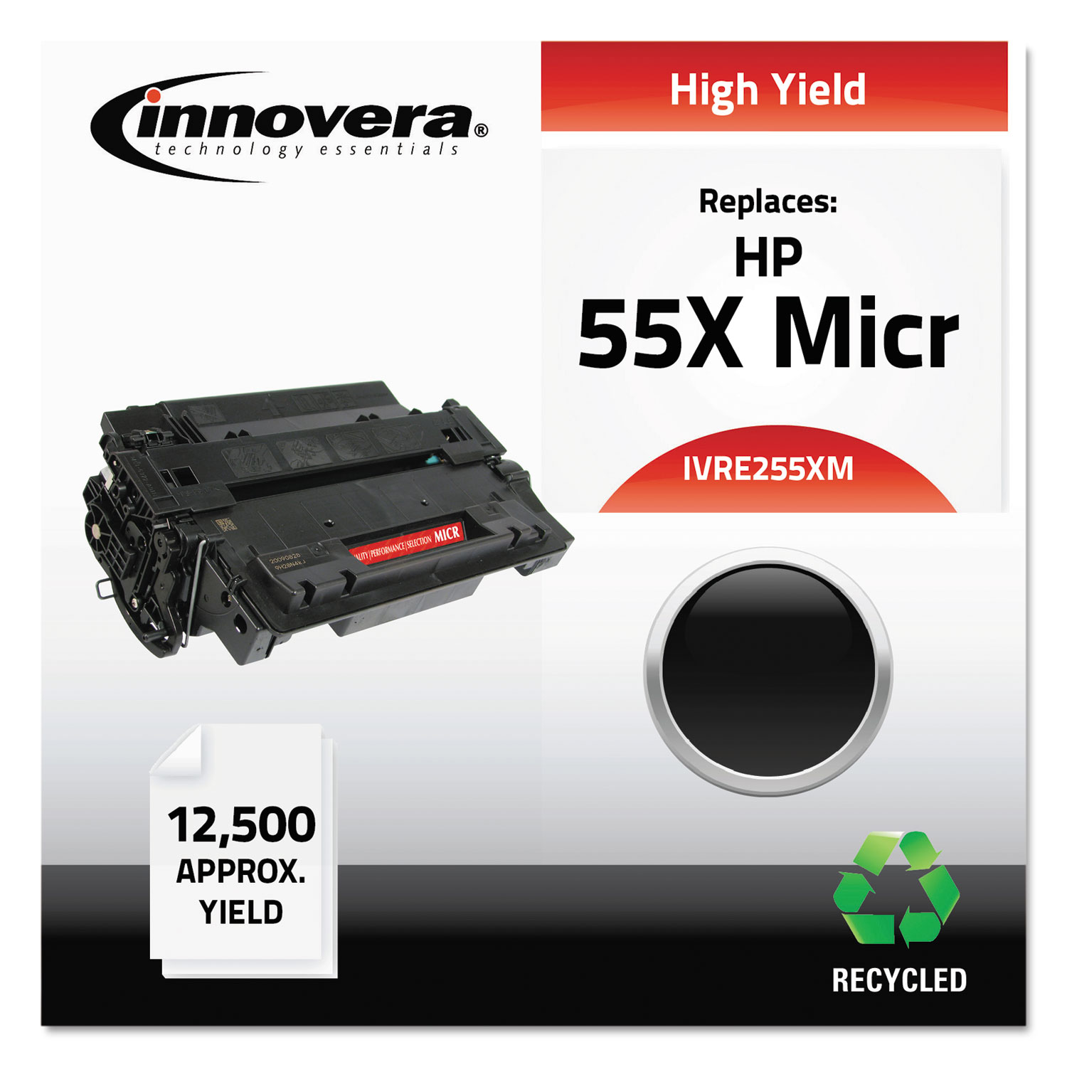  Innovera IVRE255XM Remanufactured CE255X(M) (55XM) High-Yield MICR Toner, 12500 Page-Yield, Black (IVRE255XM) 