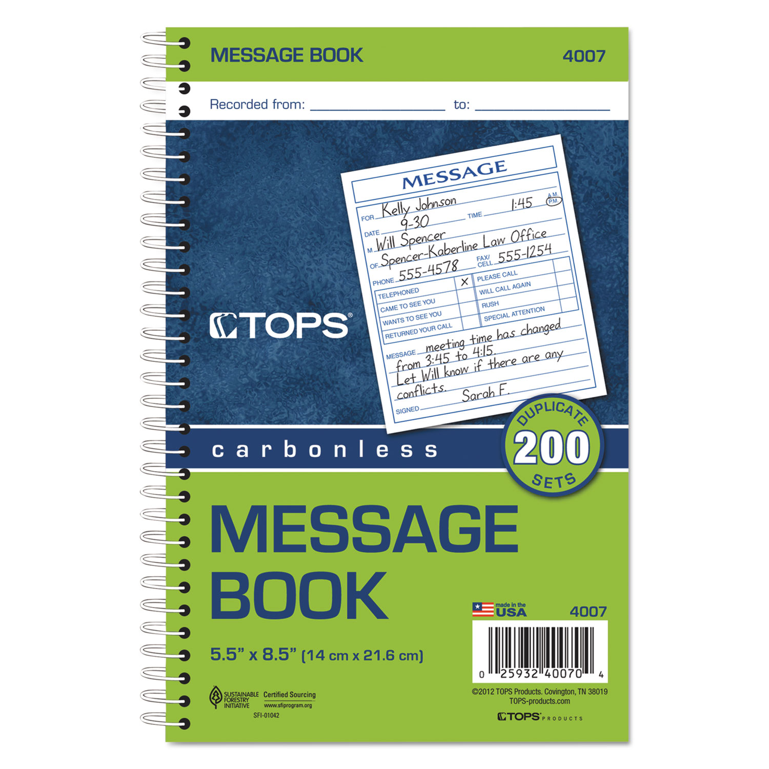 Spiralbound Message Book, 4 1/4 x 5, Carbonless Duplicate, 200 Sets/Book