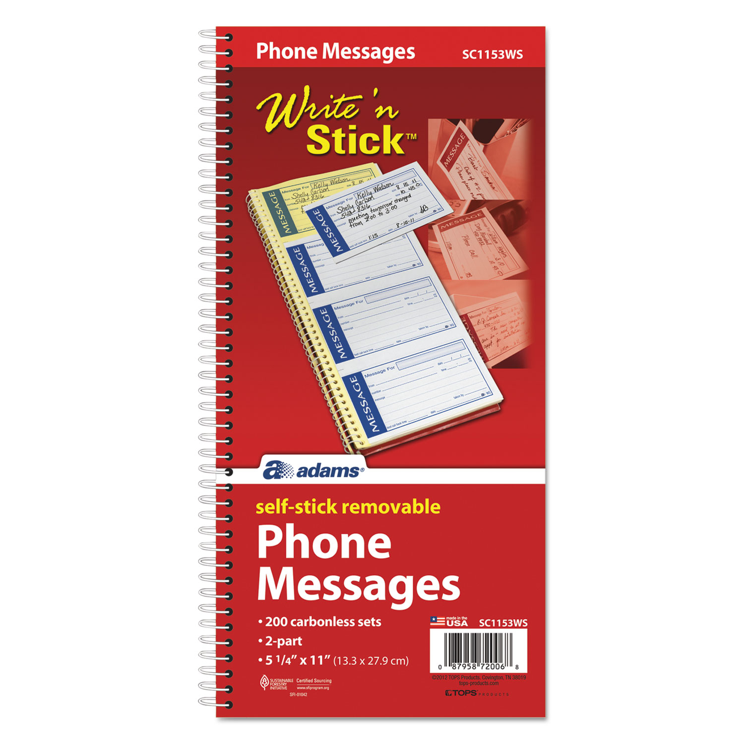 Write n Stick Phone Message Pad, 2 3/4 x 4 3/4, Two-Part Carbonless, 200 Forms