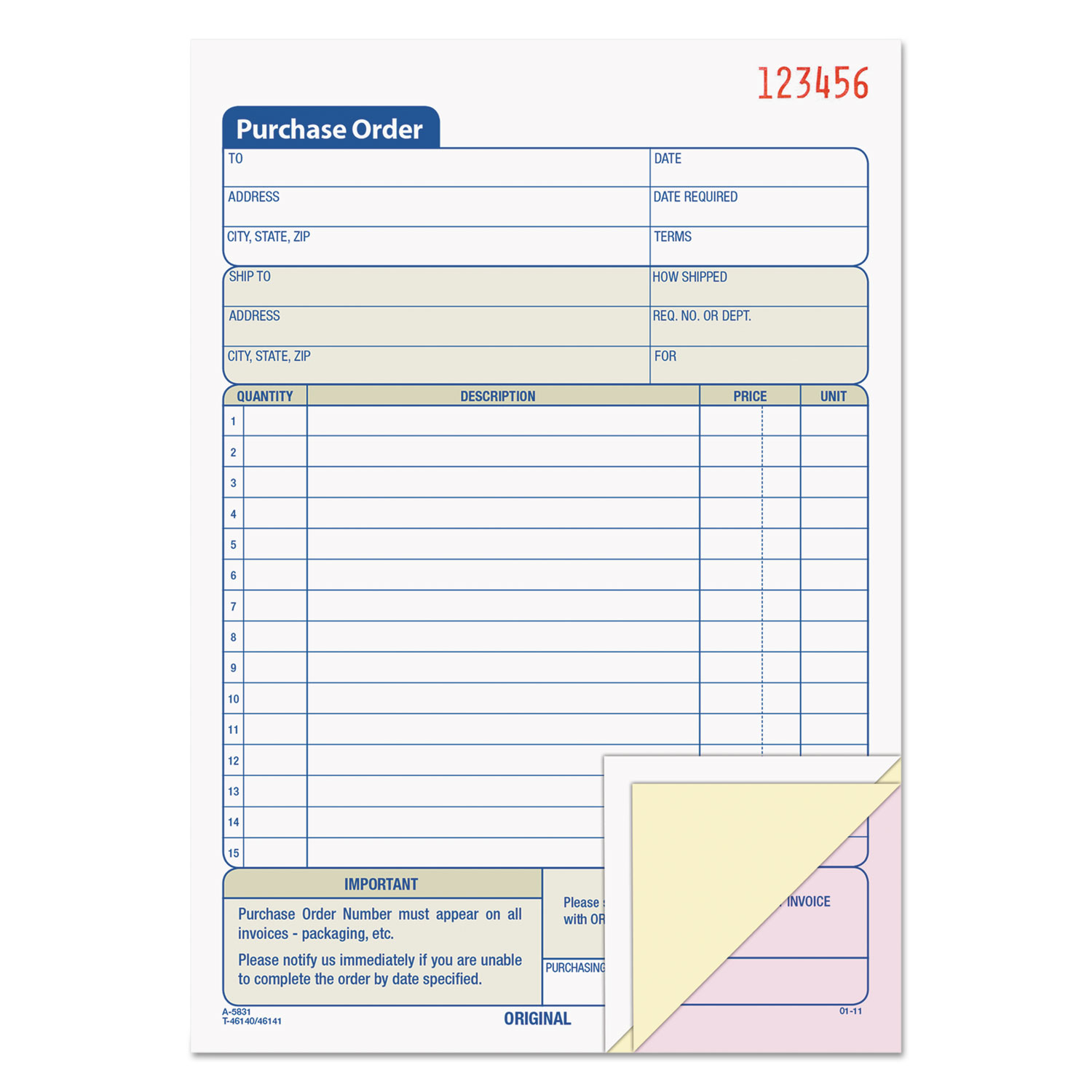  TOPS 46141 Purchase Order Book, 5 9/16 x 8 7/16, Three-Part Carbonless, 50 Sets/Book (TOP46141) 