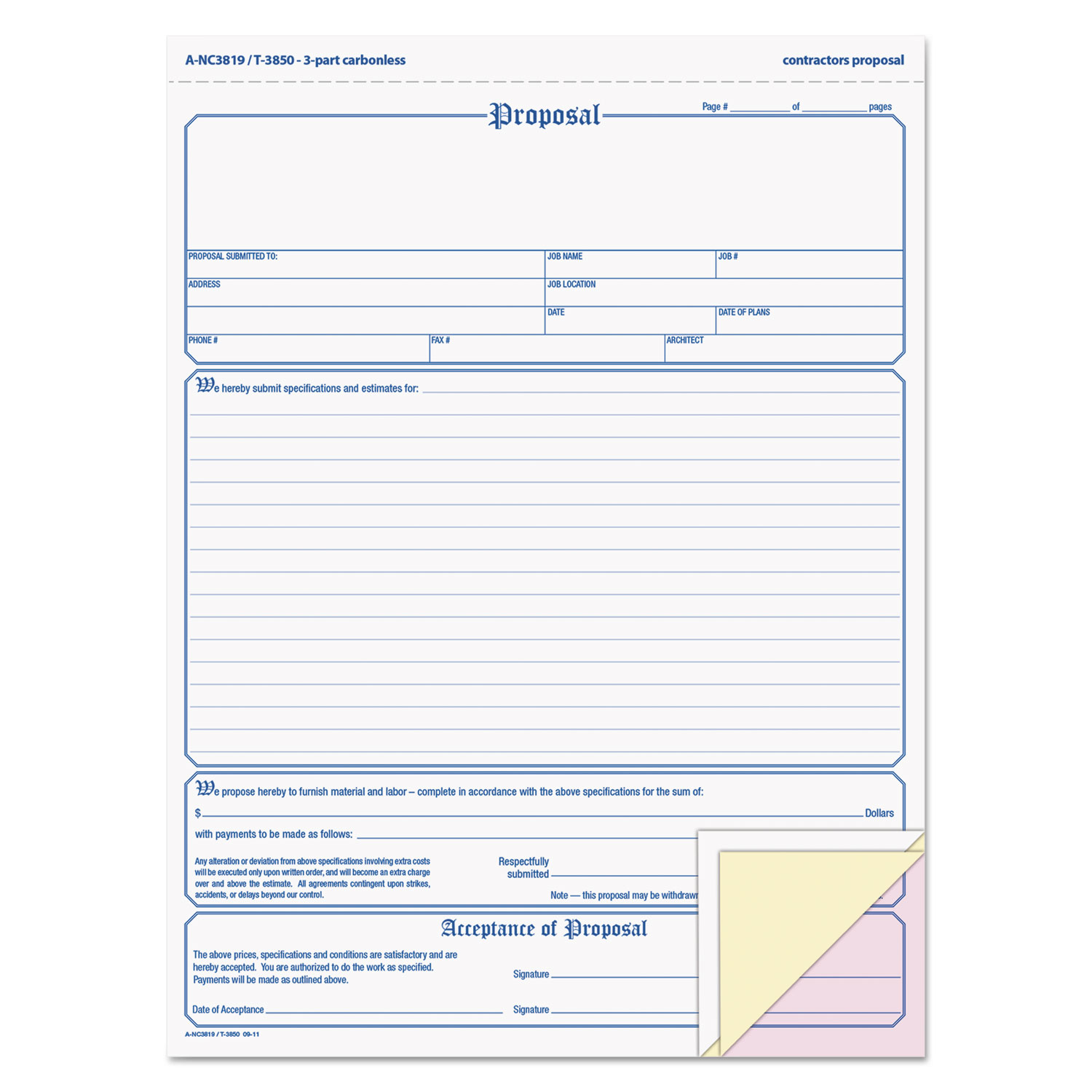Proposal Form, 8-1/2 x 11, Three-Part Carbonless, 50 Forms