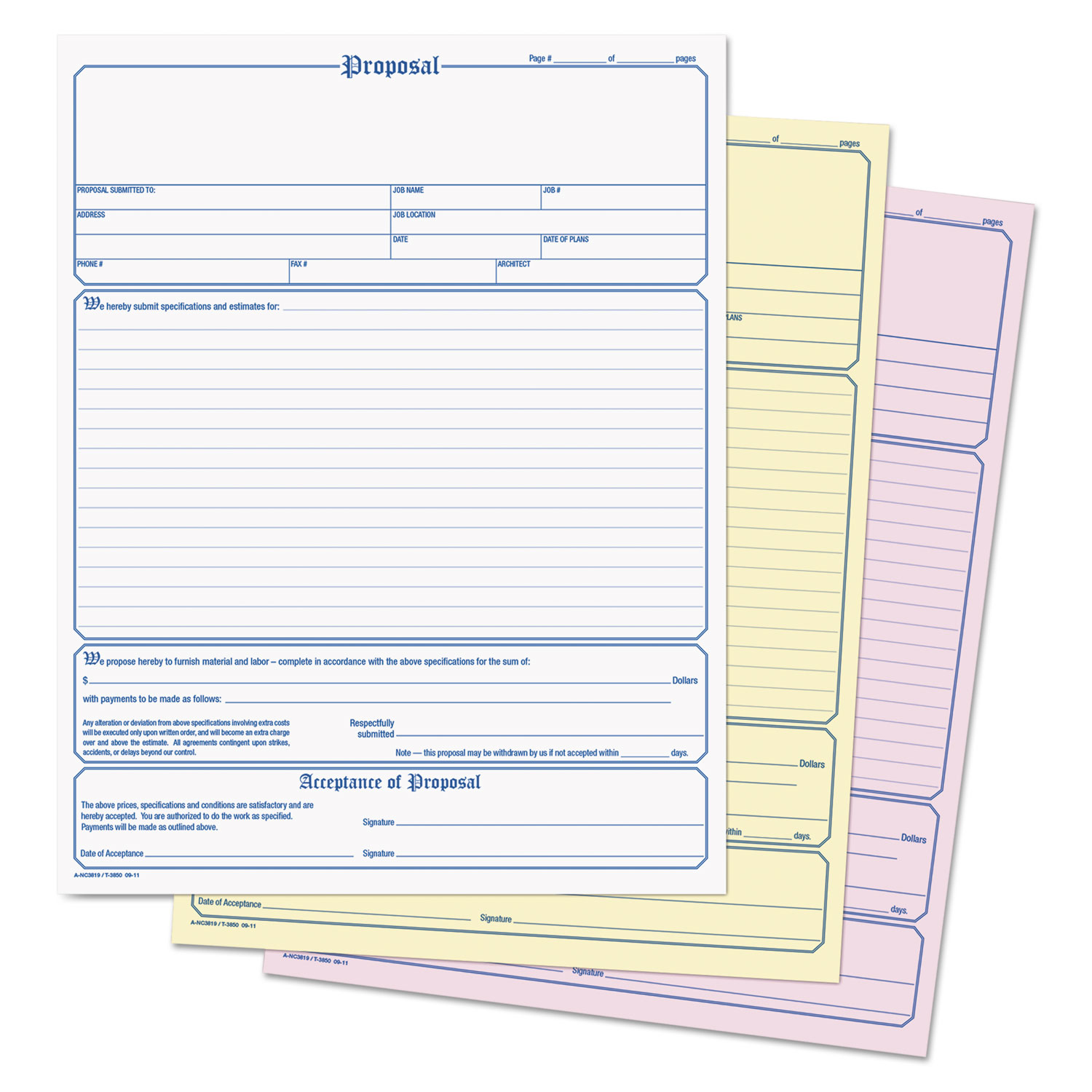 Contractor Proposal Form, 3-Part Carbonless, 8 1/2 x 11 7/16, 50 Forms
