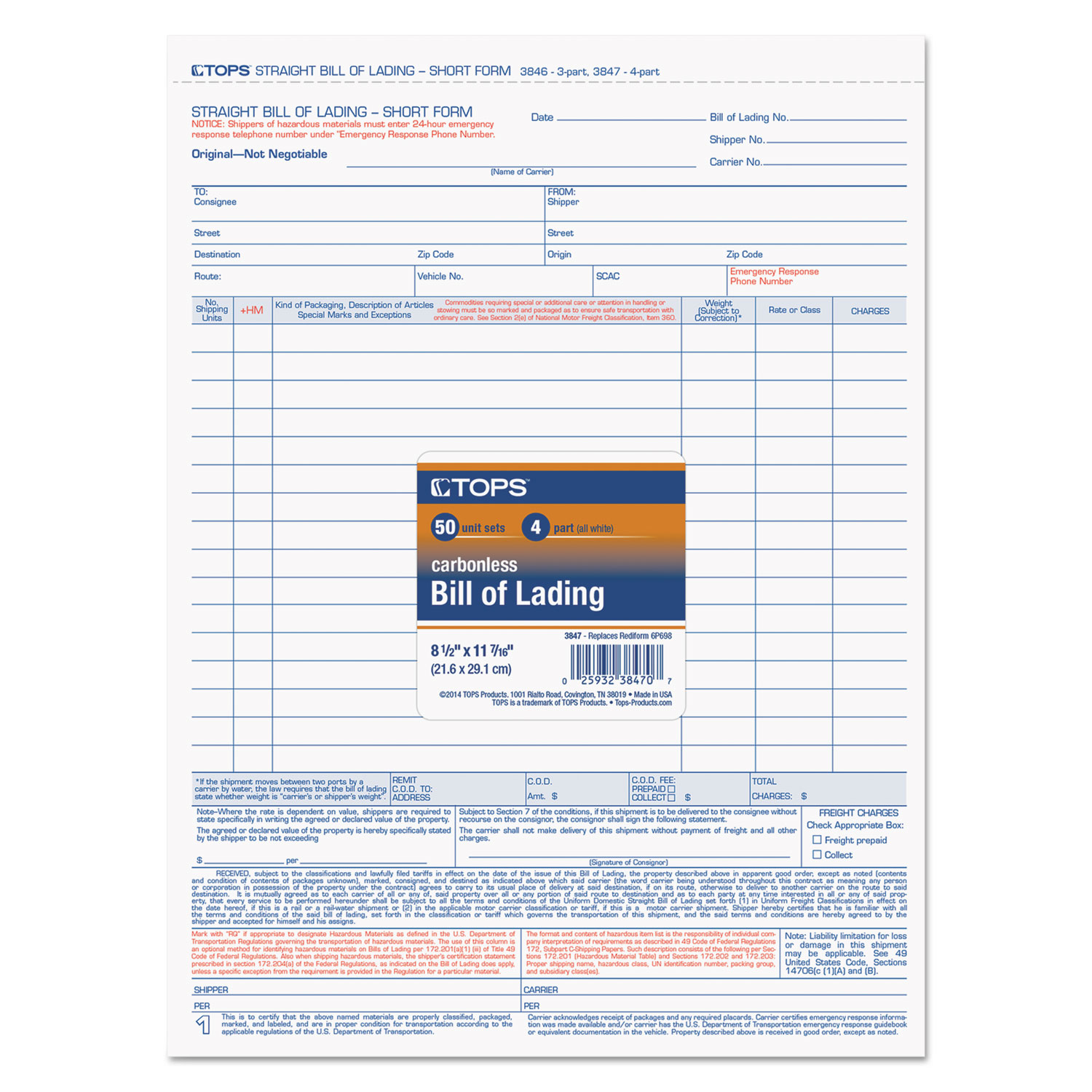 Bill of Lading,16-Line, 8-1/2 x 11, Four-Part Carbonless, 50 Forms
