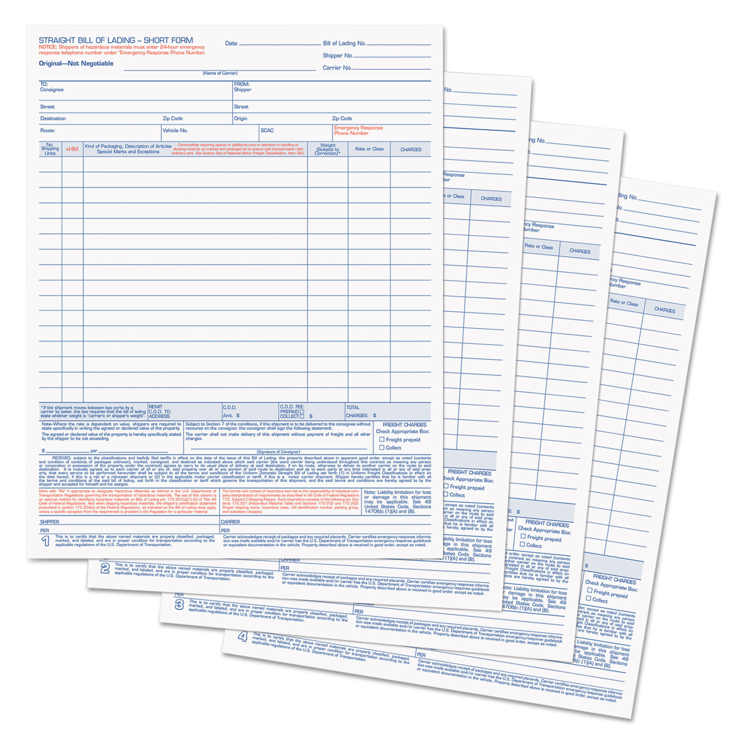 Bill Of Lading Four Part Carbonless 85 X 11 50 Forms Total Ase Direct 4233