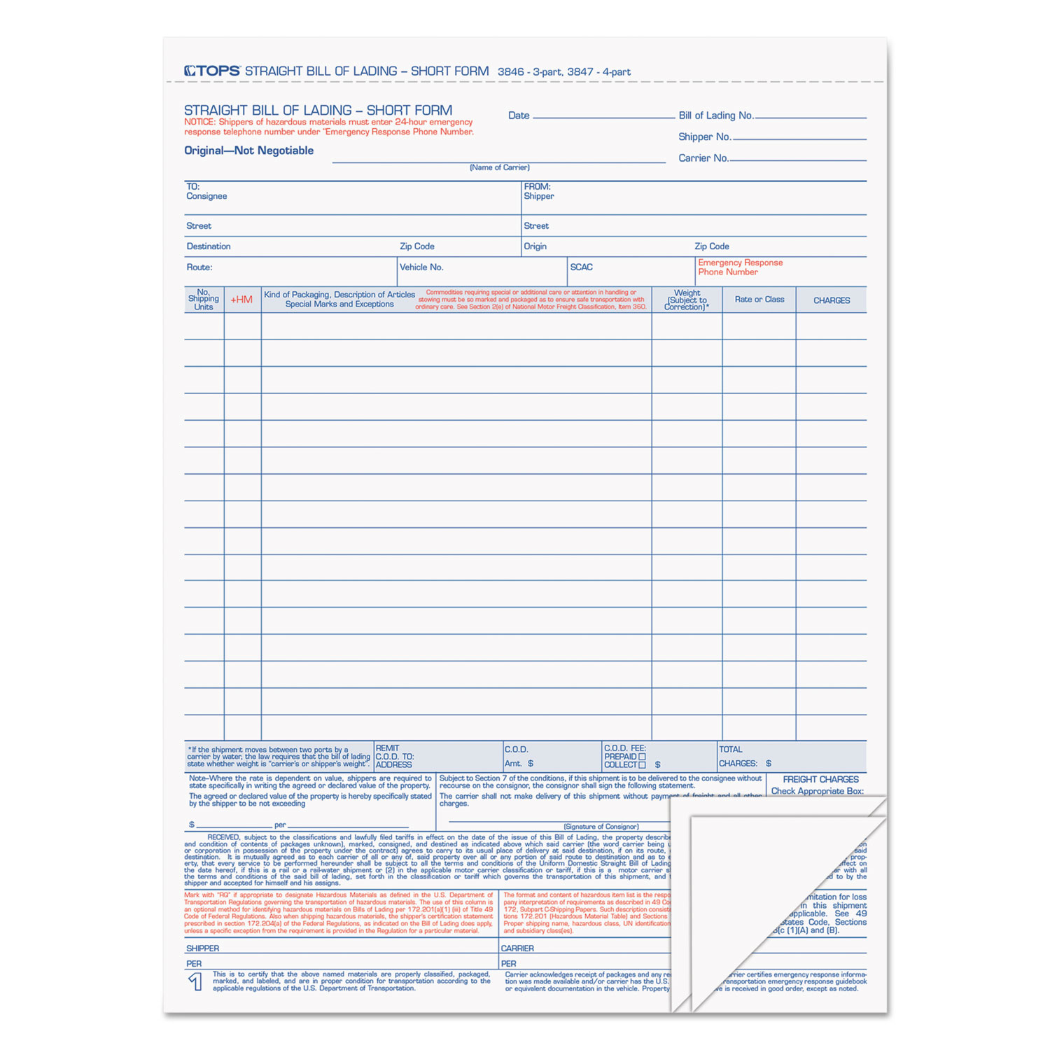  TOPS 3846 Bill of Lading,16-Line, 8-1/2 x 11, Three-Part Carbonless, 50 Forms (TOP3846) 