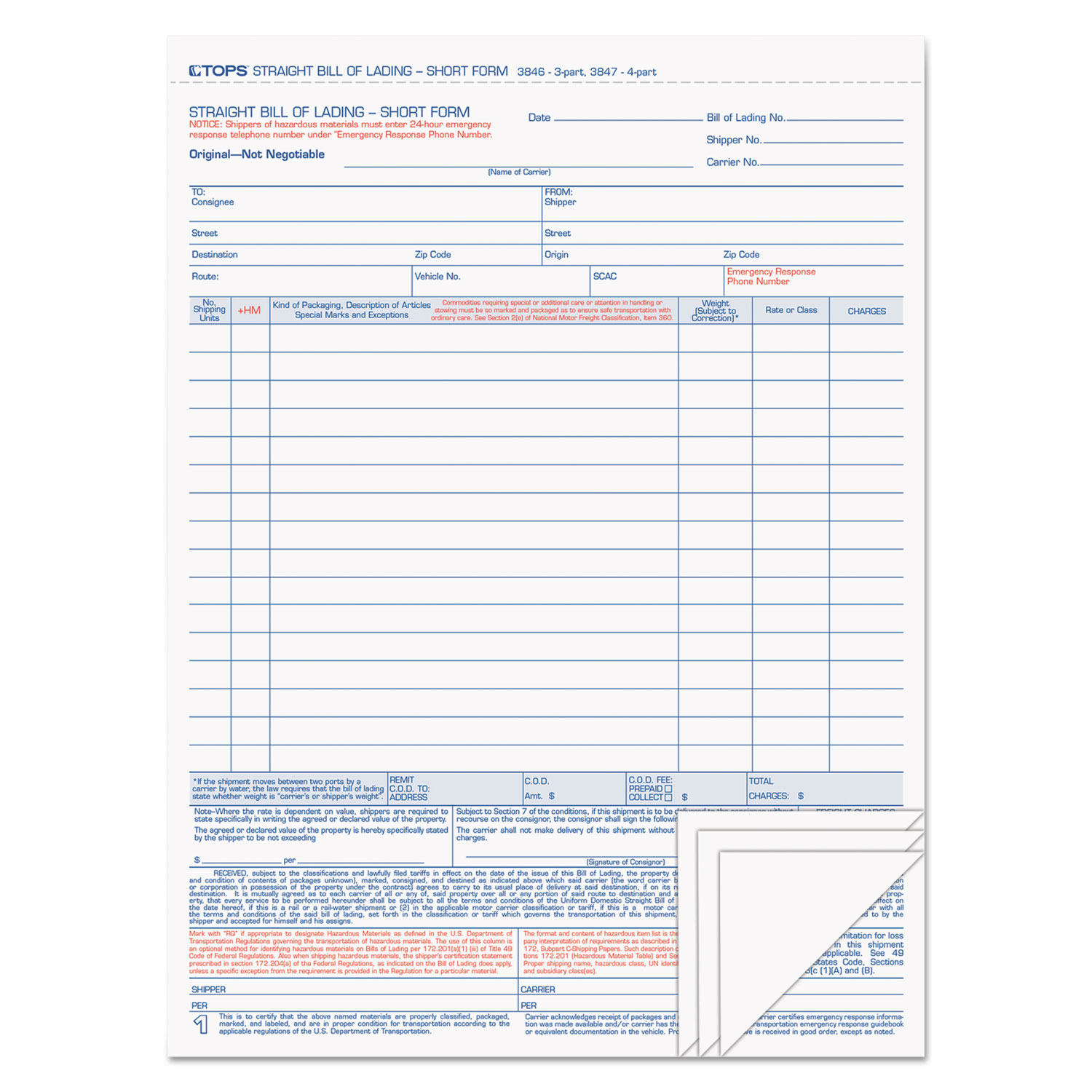  TOPS 3847 Bill of Lading,16-Line, 8-1/2 x 11, Four-Part Carbonless, 50 Forms (TOP3847) 