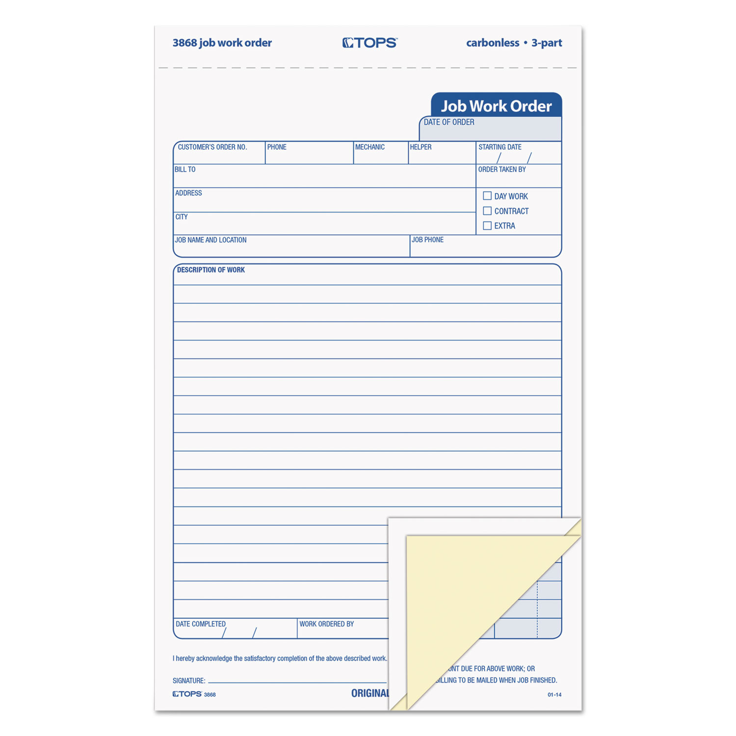  TOPS 3868 Snap-Off Job Work Order Form, 5 2/3 x 8 5/8, Three-Part Carbonless, 50 Forms (TOP3868) 