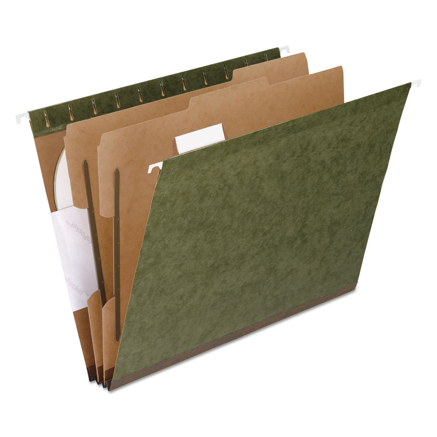 SureHook Reinforced Hanging Folder, 2 Dividers, Letter, 1/5 Tab, Green, 10/Box