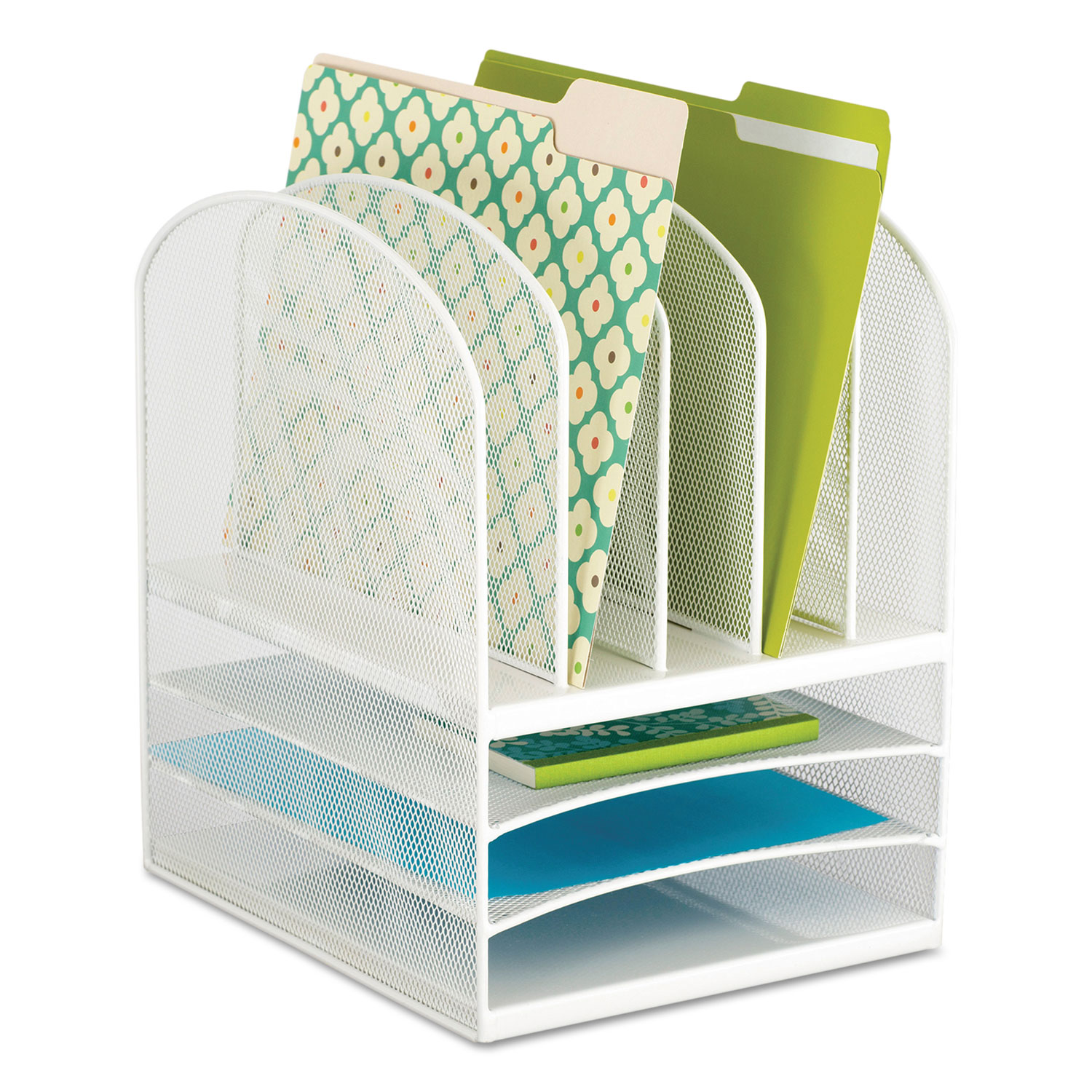  Safco 3266WH Onyx Mesh Desk Organizer with Five Vertical and Three Horizontal Sections, Letter Size Files, 11.5 x 9.5 x 13, White (SAF3266WH) 