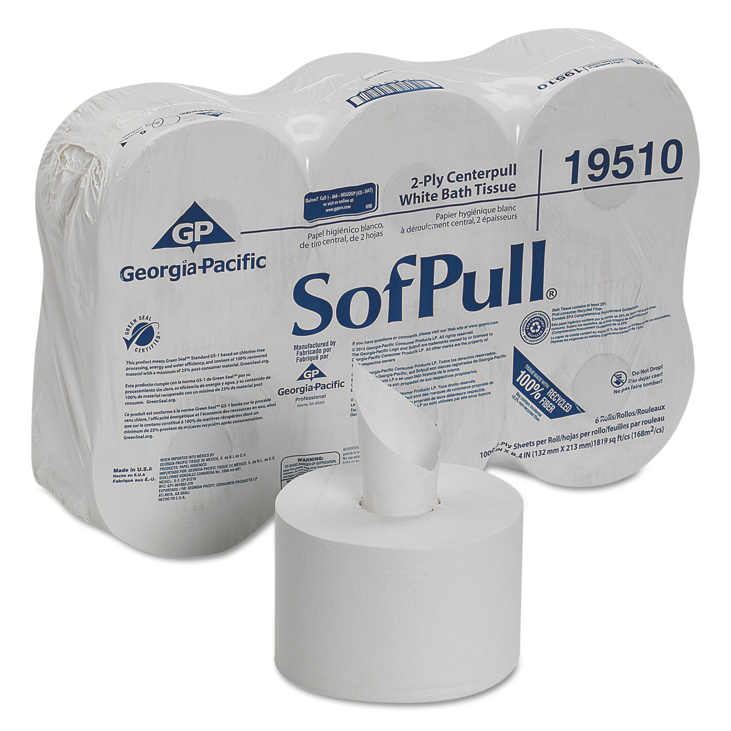  Georgia Pacific Professional 19510 High Capacity Center Pull Tissue, Septic Safe, 2-Ply, White, 1000 Sheets/Roll, 6 Rolls/Carton (GPC19510) 
