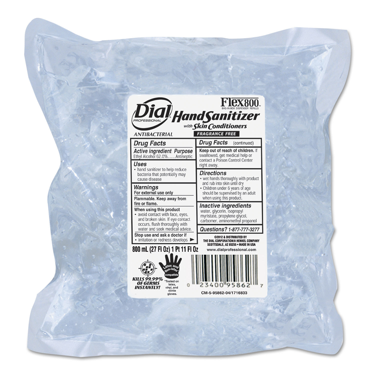  Dial Professional 95862 Antibacterial Gel Hand Sanitizer with Moisturizers, 800mL Refill, 12/Carton (DIA95862) 