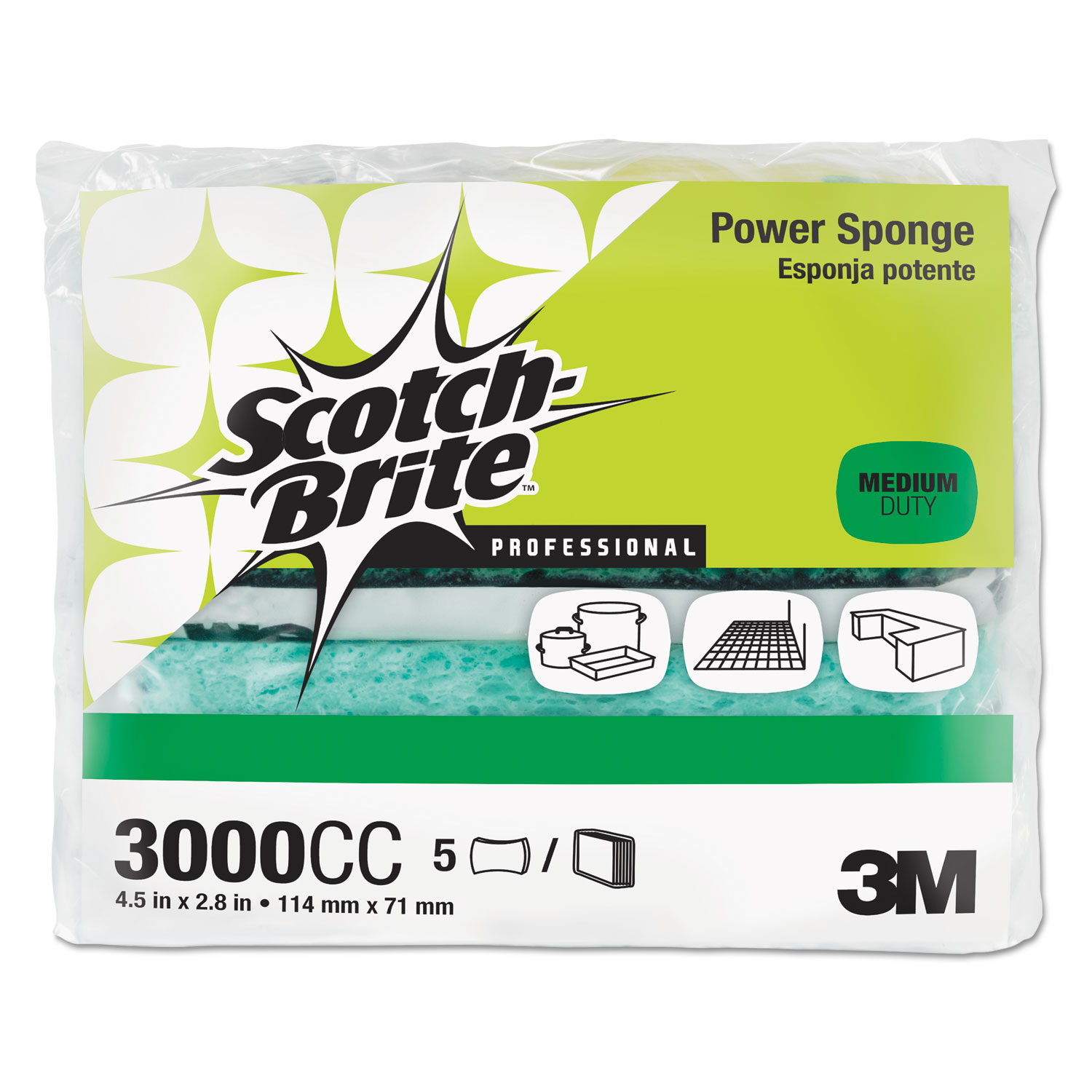  Scotch-Brite PROFESSIONAL 3000CC Power Sponge, Teal, 2 4/5 x 4 1/2, 5/Pack (MMM3000CC) 