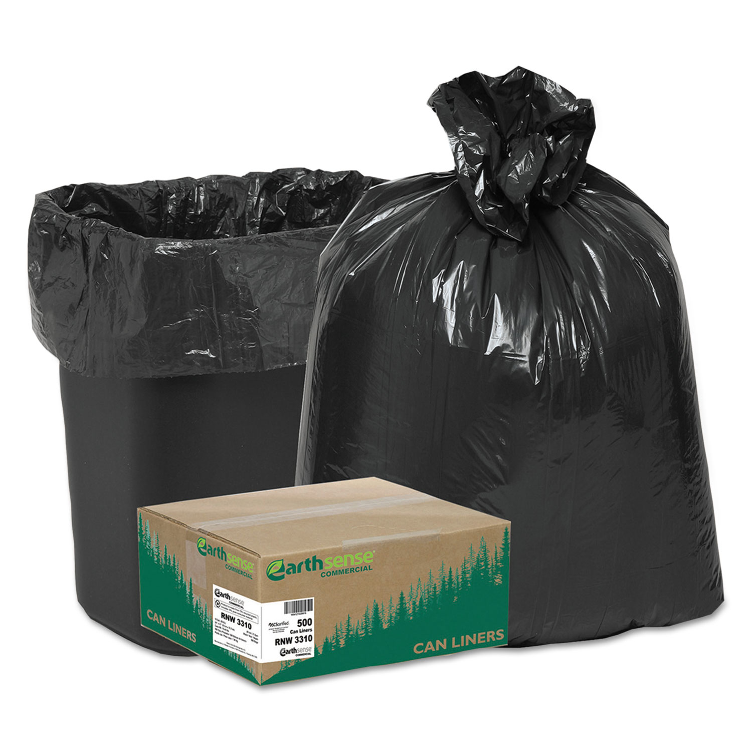  Earthsense Commercial RNW3310 Linear Low Density Recycled Can Liners, 16 gal, 0.85 mil, 24 x 33, Black, 500/Carton (WBIRNW3310) 
