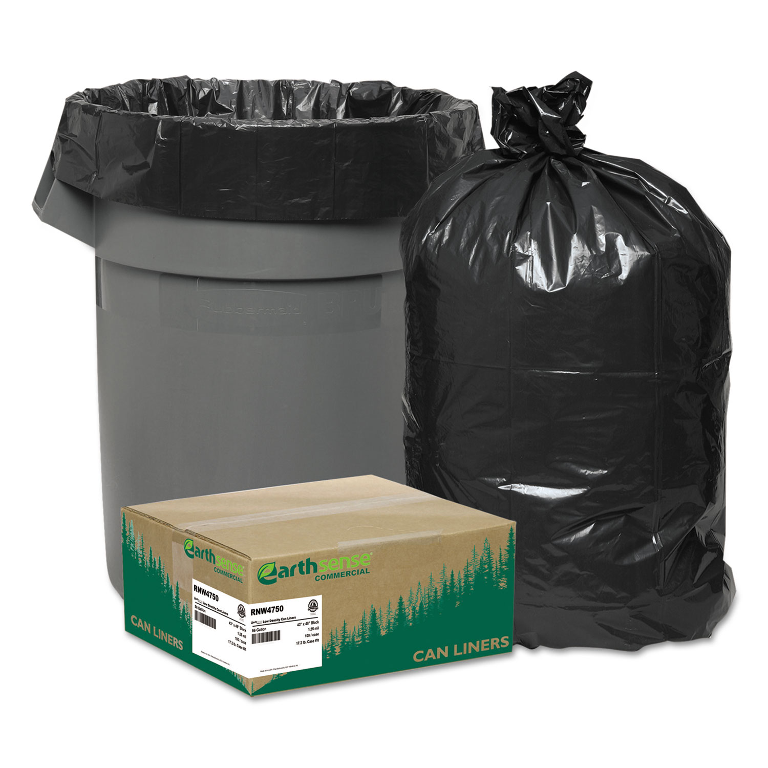  Earthsense Commercial RNW4750 Linear Low Density Recycled Can Liners, 56 gal, 1.25 mil, 43 x 48, Black, 100/Carton (WBIRNW4750) 
