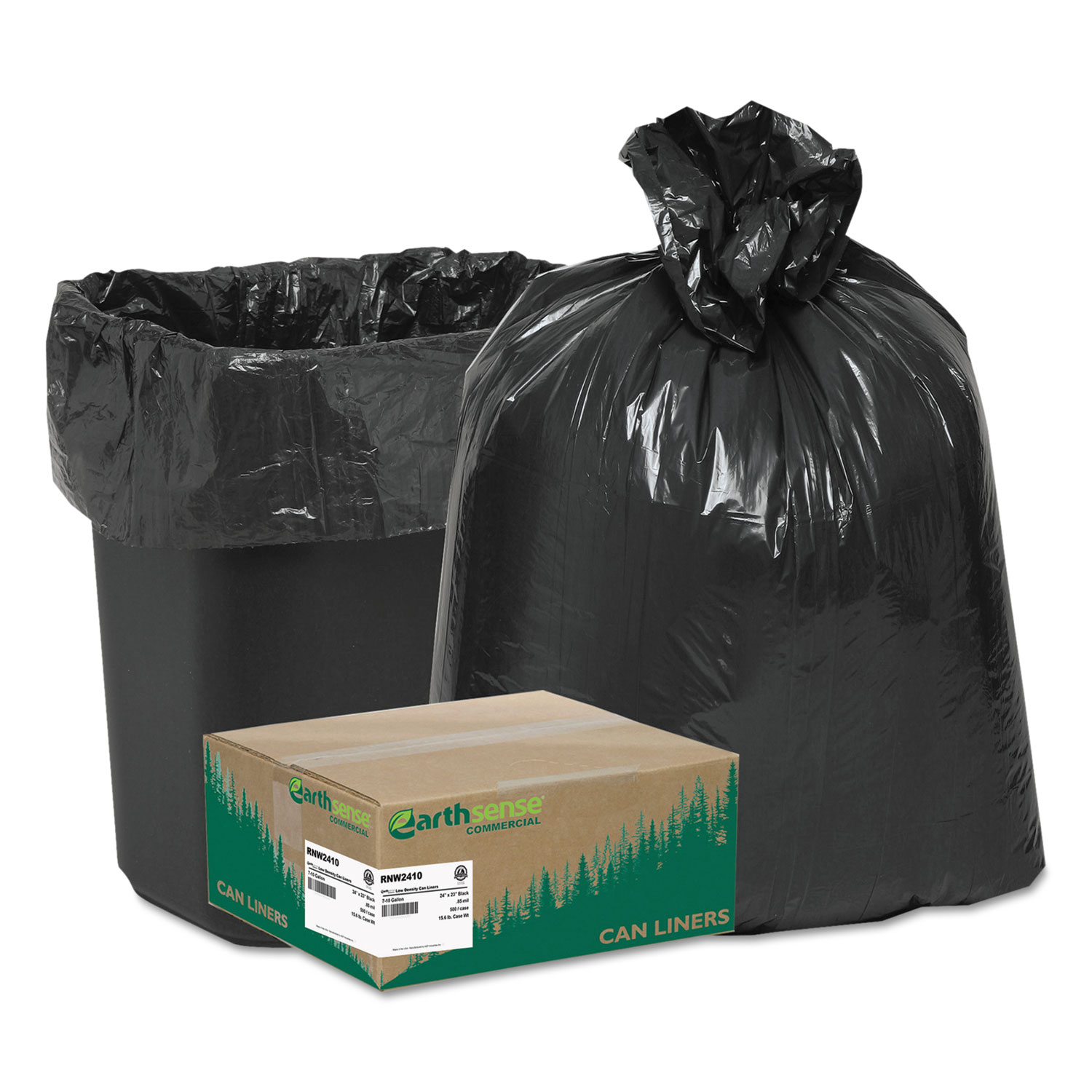  Earthsense Commercial RNW2410 Linear Low Density Recycled Can Liners, 10 gal, 0.85 mil, 24 x 23, Black, 500/Carton (WBIRNW2410) 