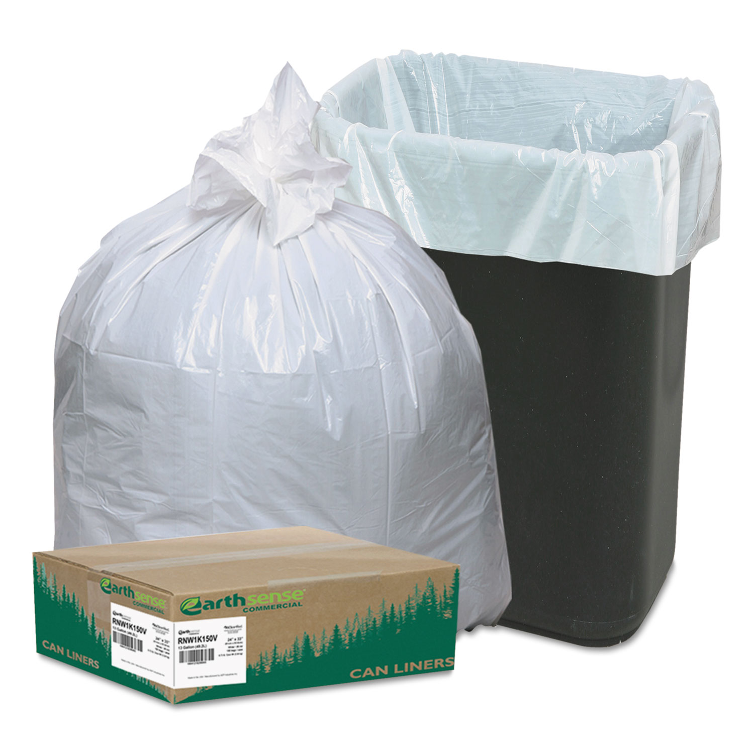  Earthsense Commercial RNW1K150V Linear-Low-Density Recycled Tall Kitchen Bags, 13 gal, 0.85 mil, 24 x 33, White, 150/Box (WBIRNW1K150V) 