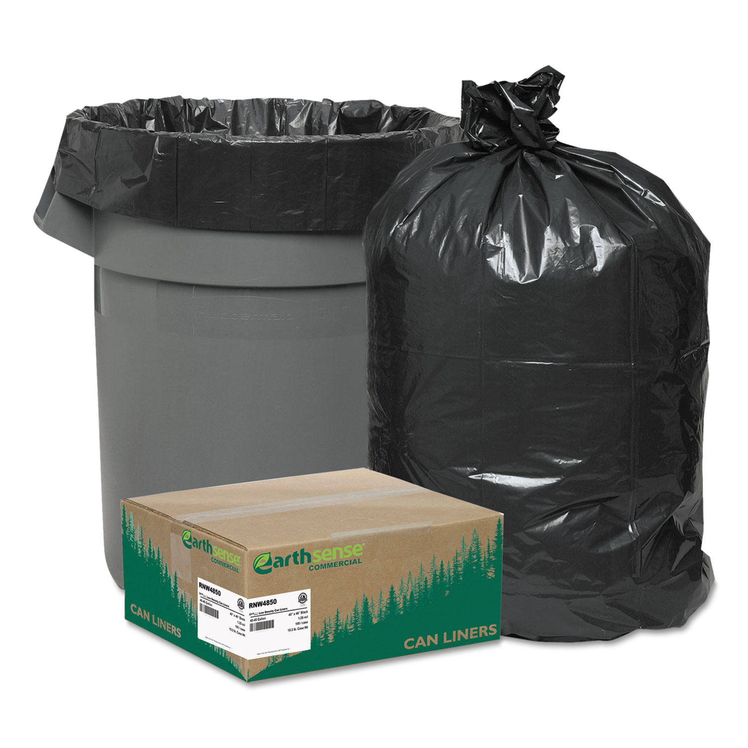  Earthsense Commercial RNW4850 Linear Low Density Recycled Can Liners, 45 gal, 1.25 mil, 40 x 46, Black, 100/Carton (WBIRNW4850) 