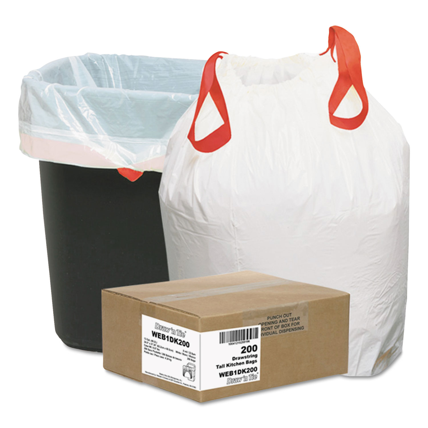  Draw 'n Tie WEB1DK200 Heavy-Duty Trash Bags, 13 gal, 0.9 mil, 24.5 x 27.38, White, 200/Box (WBI1DK200) 