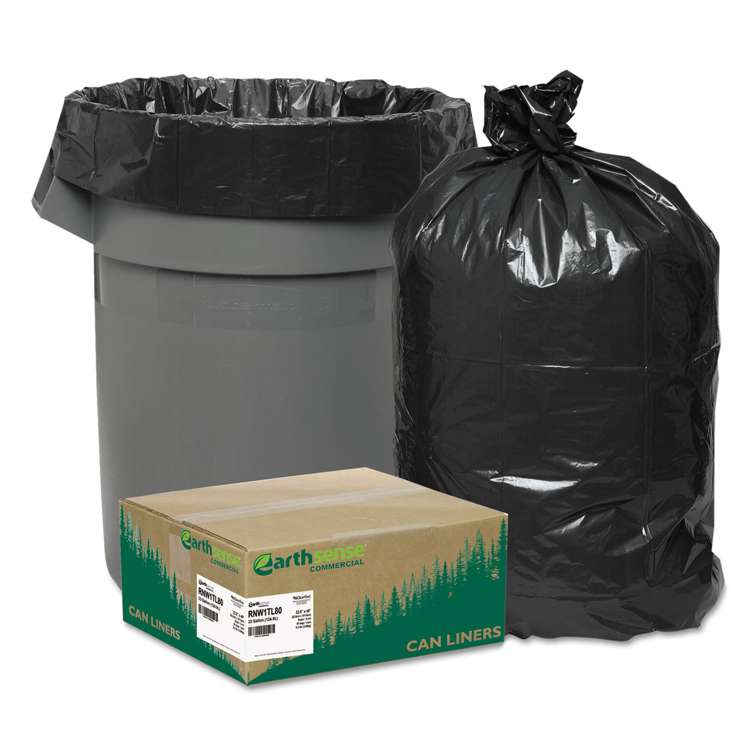 Recycled Large Trash and Yard Bags, 33gal, .9mil, 32.5 x 40, Black, 80/Carton