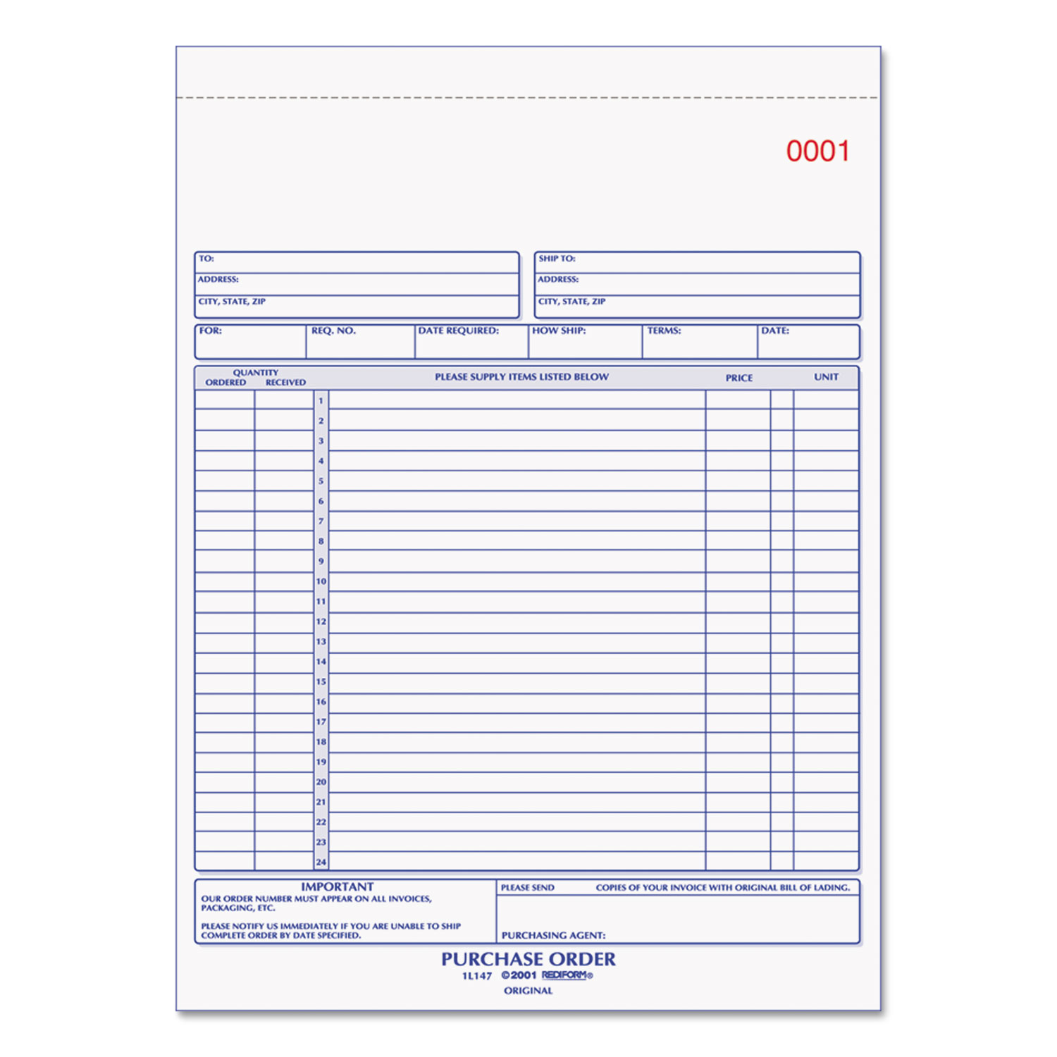  Rediform 1L147 Purchase Order Book, 8 1/2 x 11, Letter, Three-Part Carbonless, 50 Sets/Book (RED1L147) 