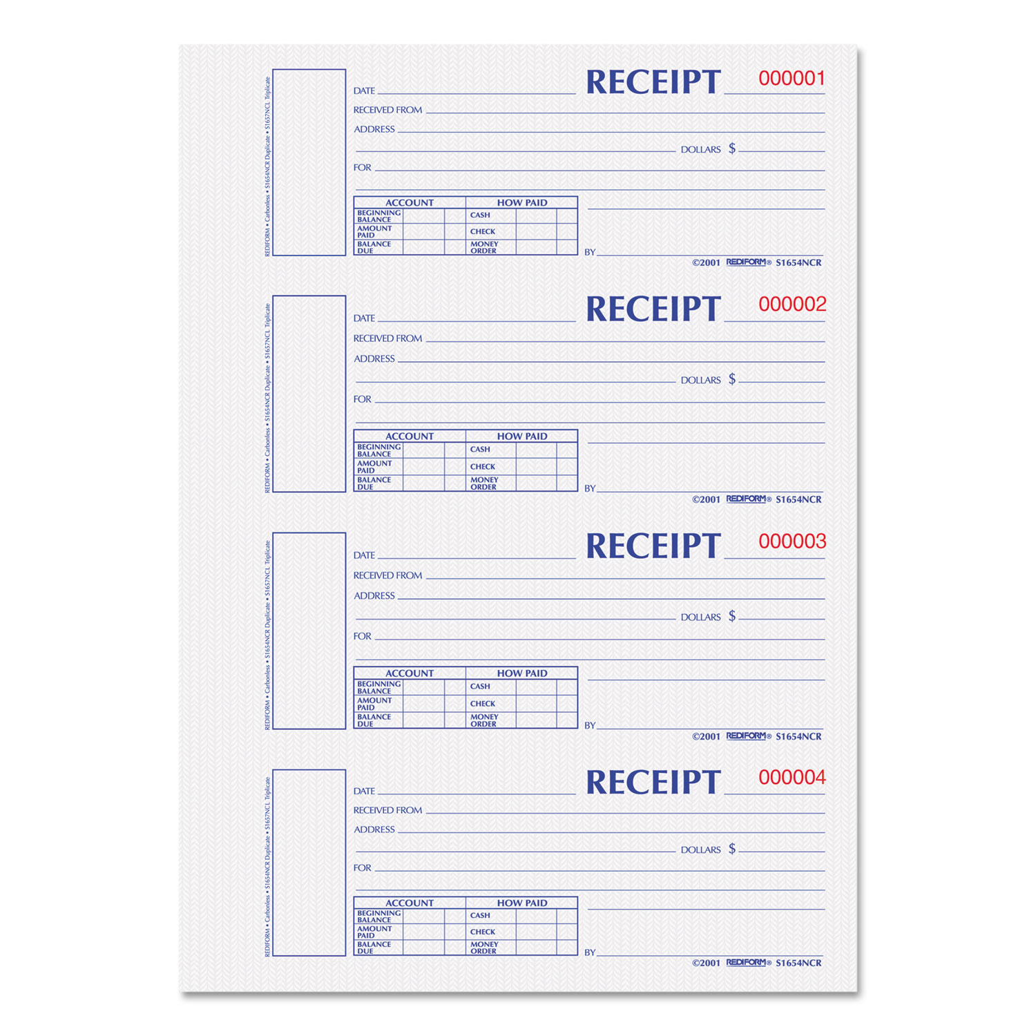 Hardcover Numbered Money Receipt Book, 6 7/8 x 2 3/4, Two-Part, 300 Forms