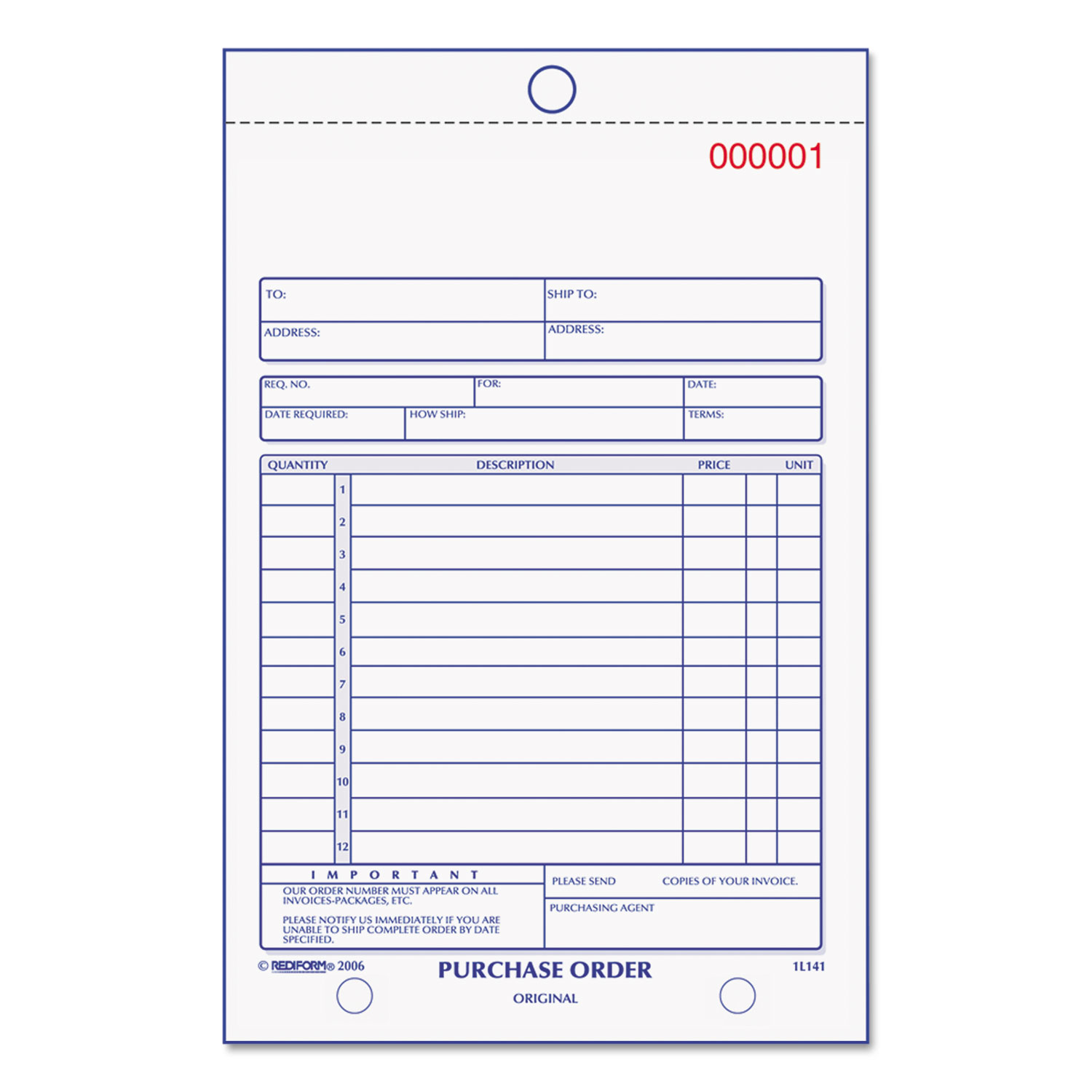  Rediform 1L141 Purchase Order Book, Bottom Punch, 5 1/2 x 7 7/8, 3-Part Carbonless, 50 Forms (RED1L141) 