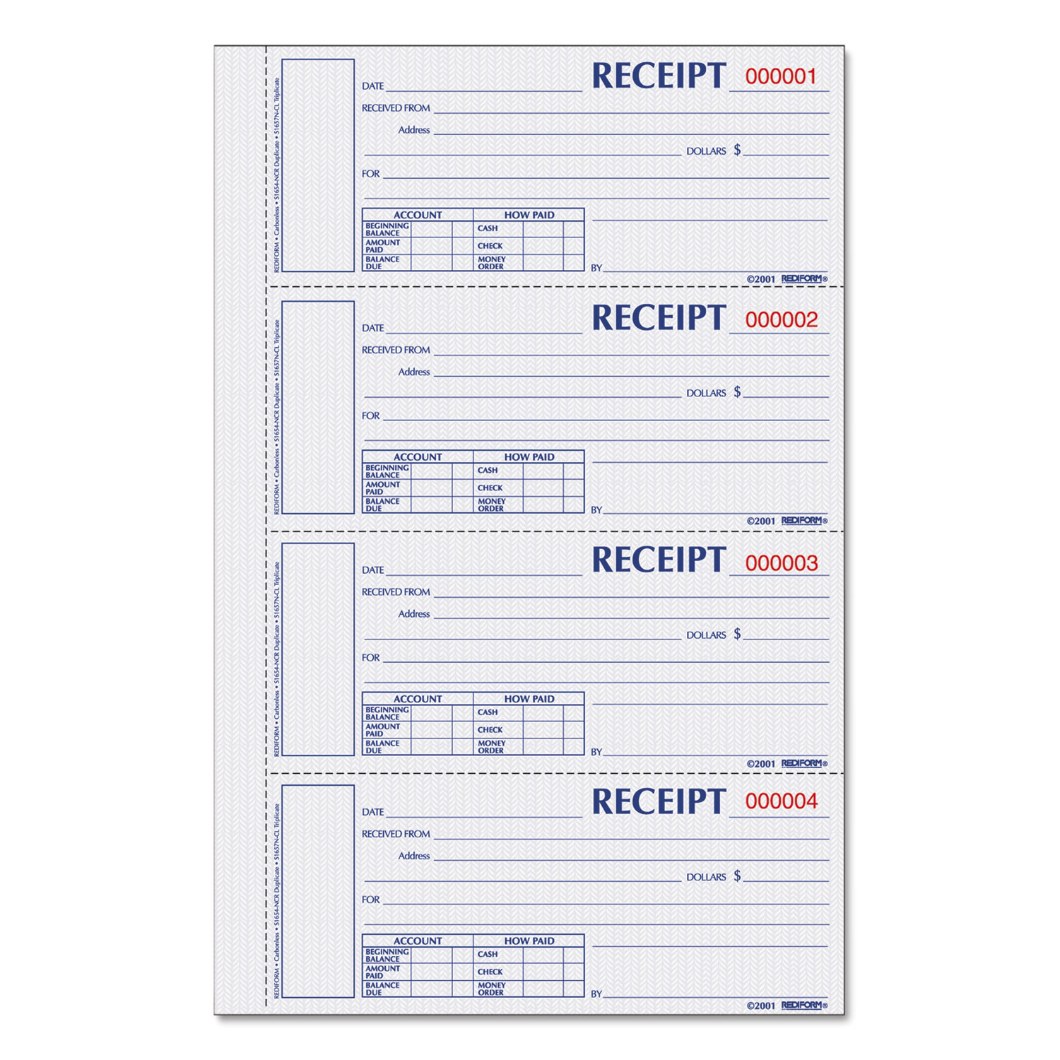  Rediform S1657NCL Hardcover Numbered Money Receipt Book, 6 7/8 x 2 3/4, Three-Part, 200 Forms (REDS1657NCL) 