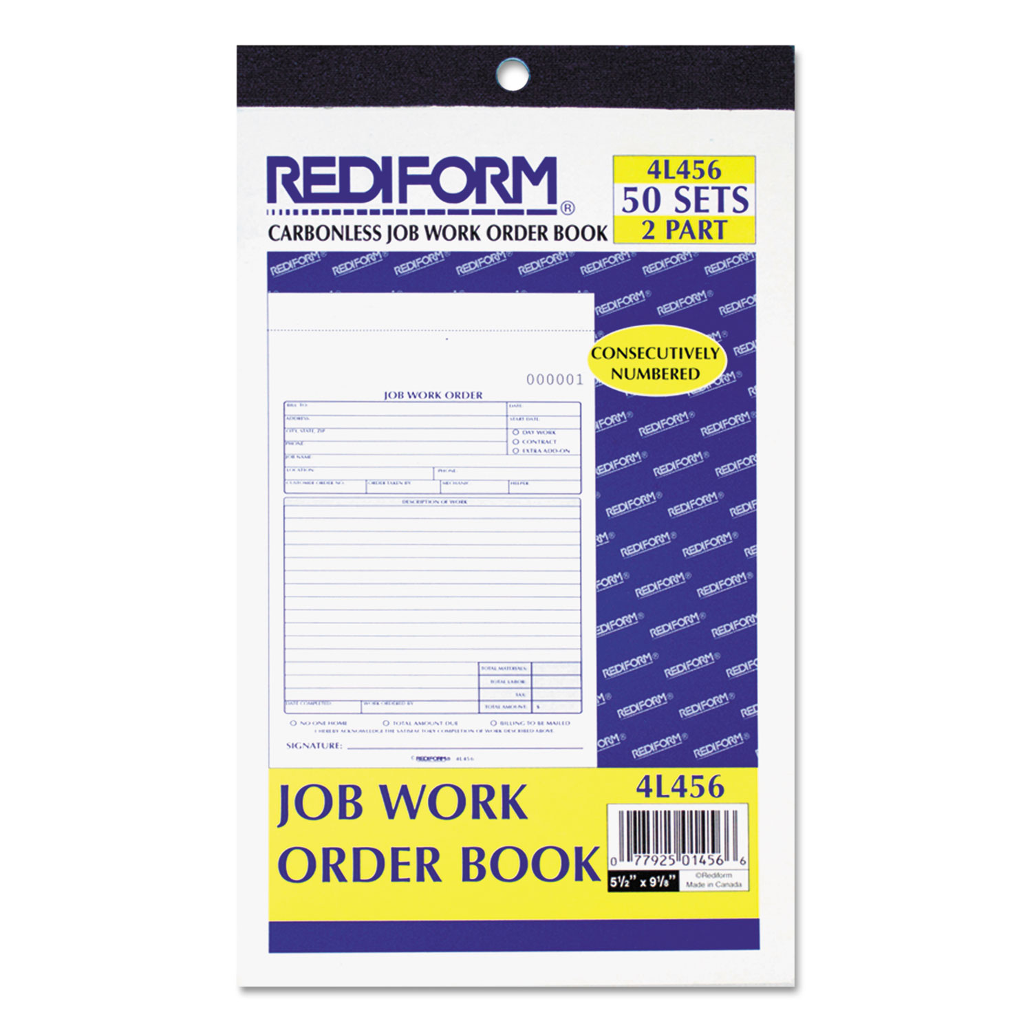 Job Work Order Book, 5 1/2 x 8 1/2, Two Part Carbonless, 50/Book