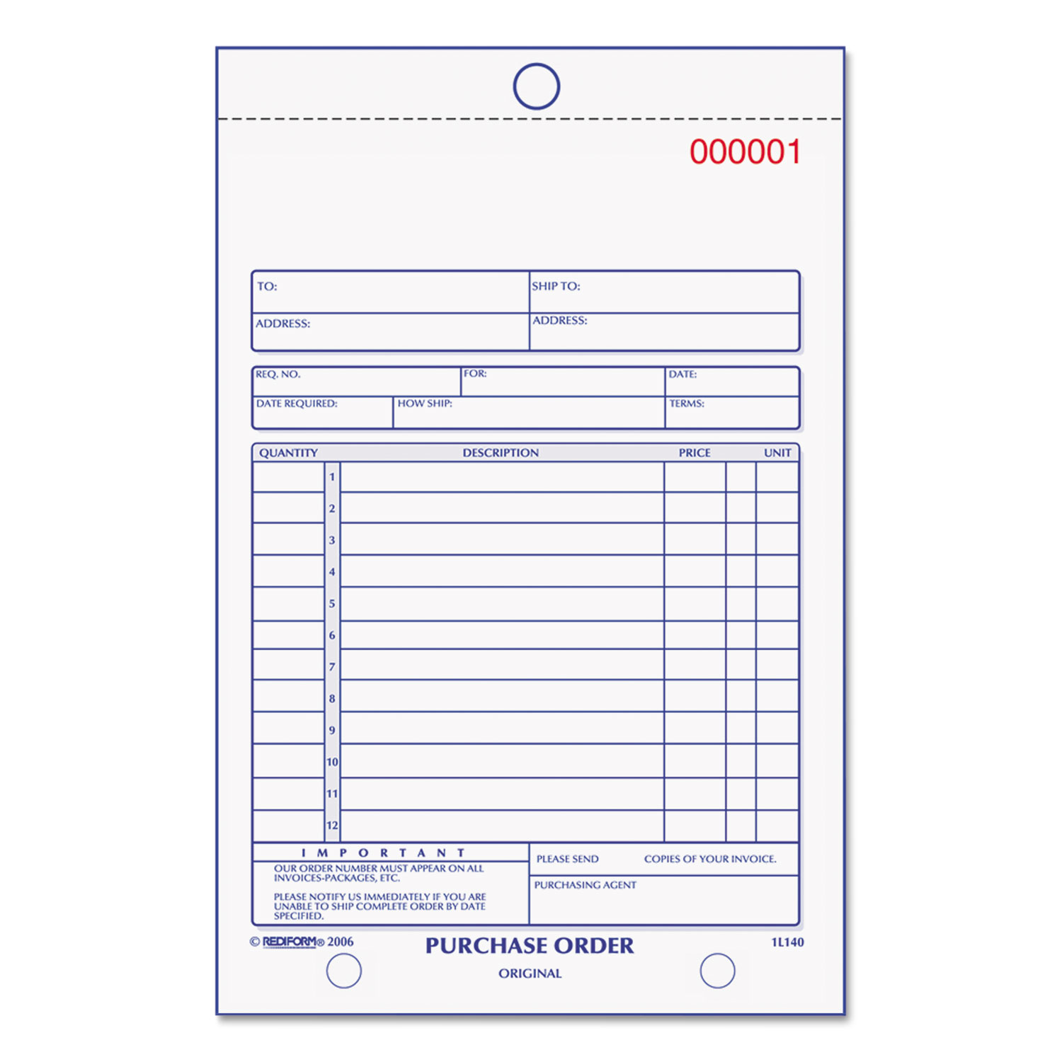 Purchase Order Book, Bottom Punch, 5 1/2 x 7 7/8, Two-Part Carbonless, 50 Forms