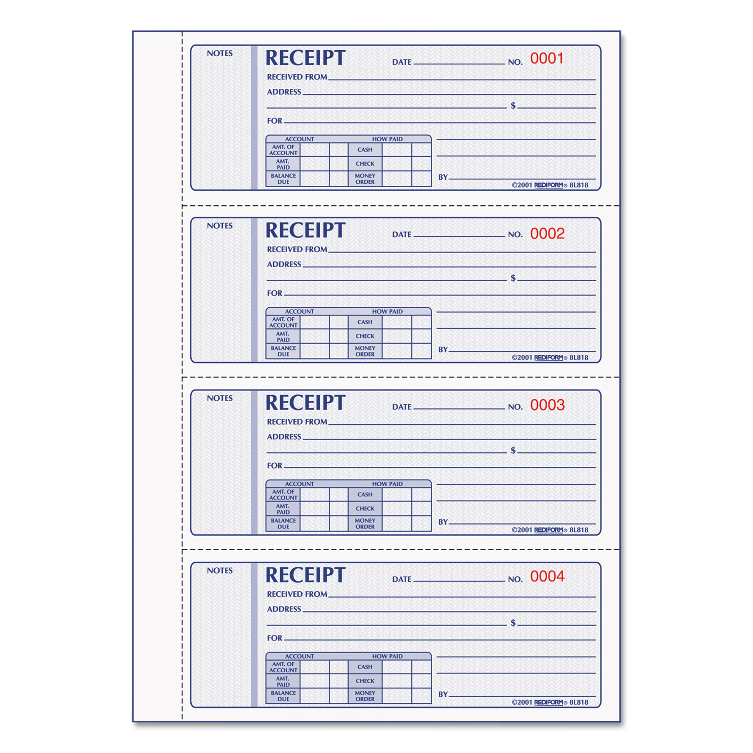 Money Receipt Book, Hardcover, Three-Part Carbonless, 7 x 2.75, 4 Forms ...