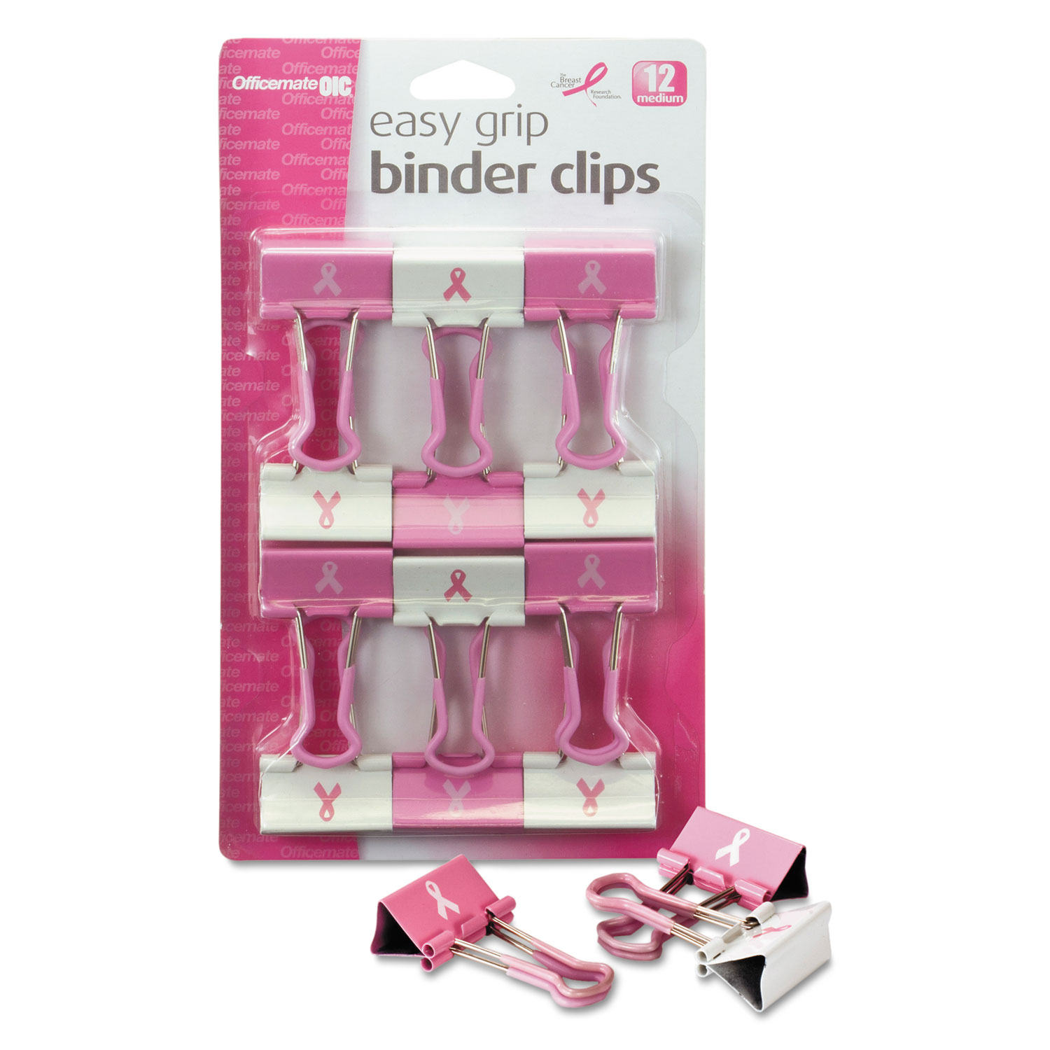 Breast Cancer Awareness Medium Easy Grip Binder Clips, Pink/White, 12/Pack