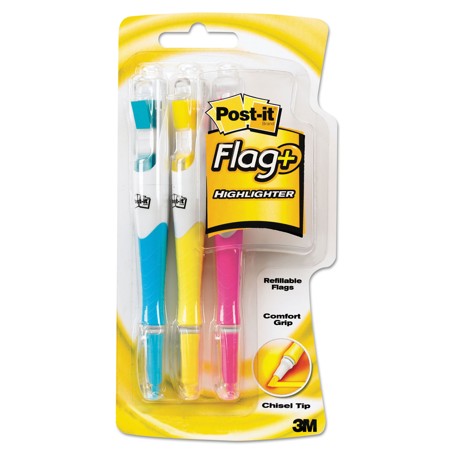 Flag + Highlighter, Chisel Tip, Assorted Colors, 3/Pack
