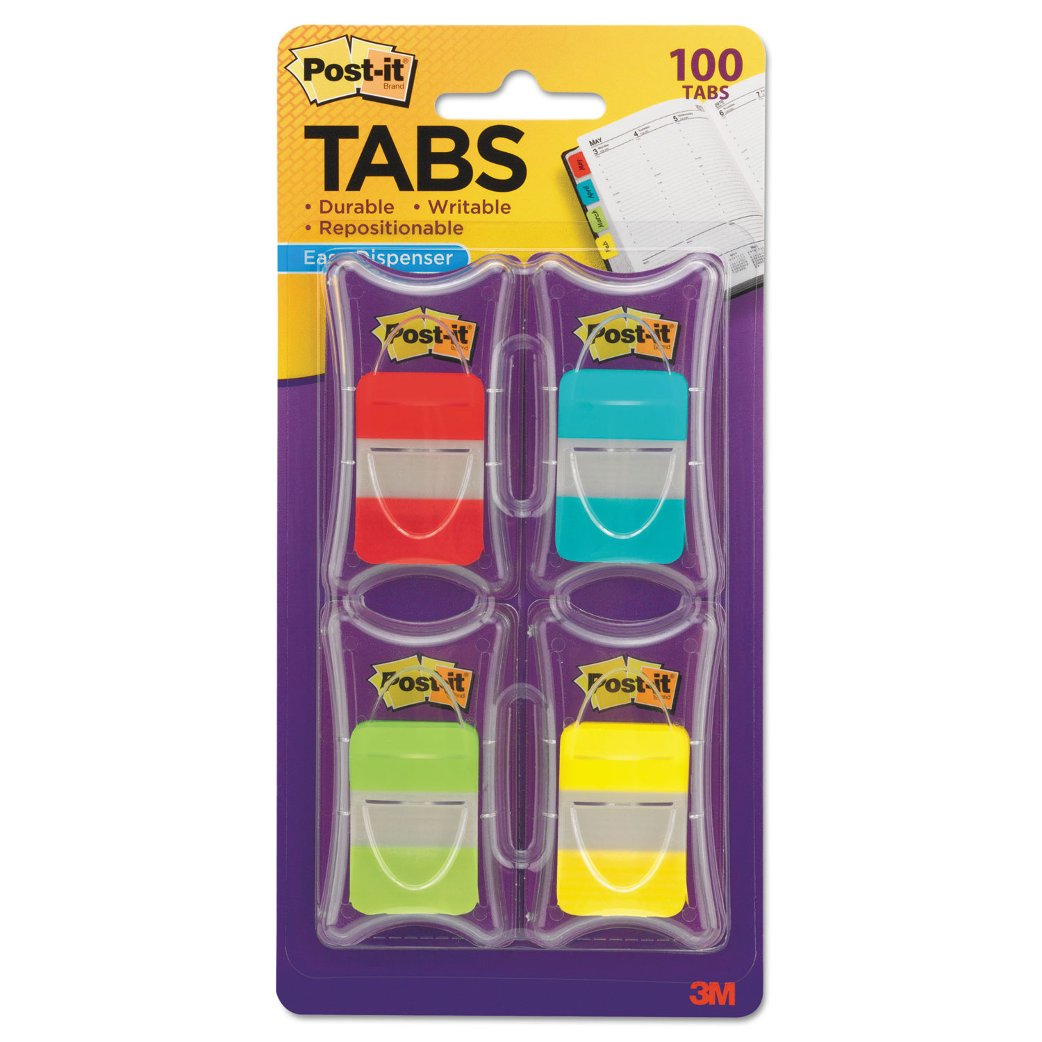 File Tabs, 1 x 1 1/2, Aqua/Lime/Red/Yellow, 100/Pack