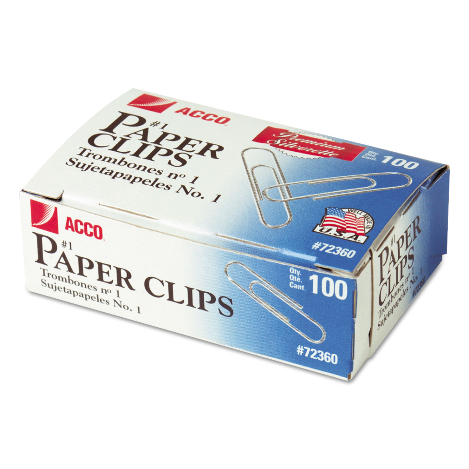  ACCO A7072360H Paper Clips, Medium (No. 1), Silver, 100/Box, 10 Boxes/Pack (ACC72360) 