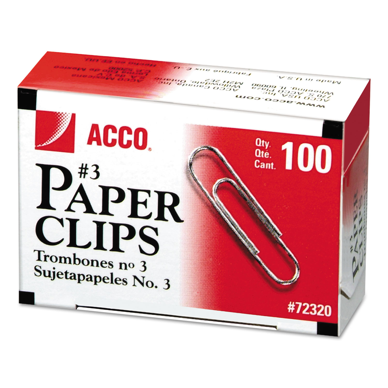  ACCO A7072320G Paper Clips, Small (No. 3), Silver, 1,000/Pack (ACC72320) 