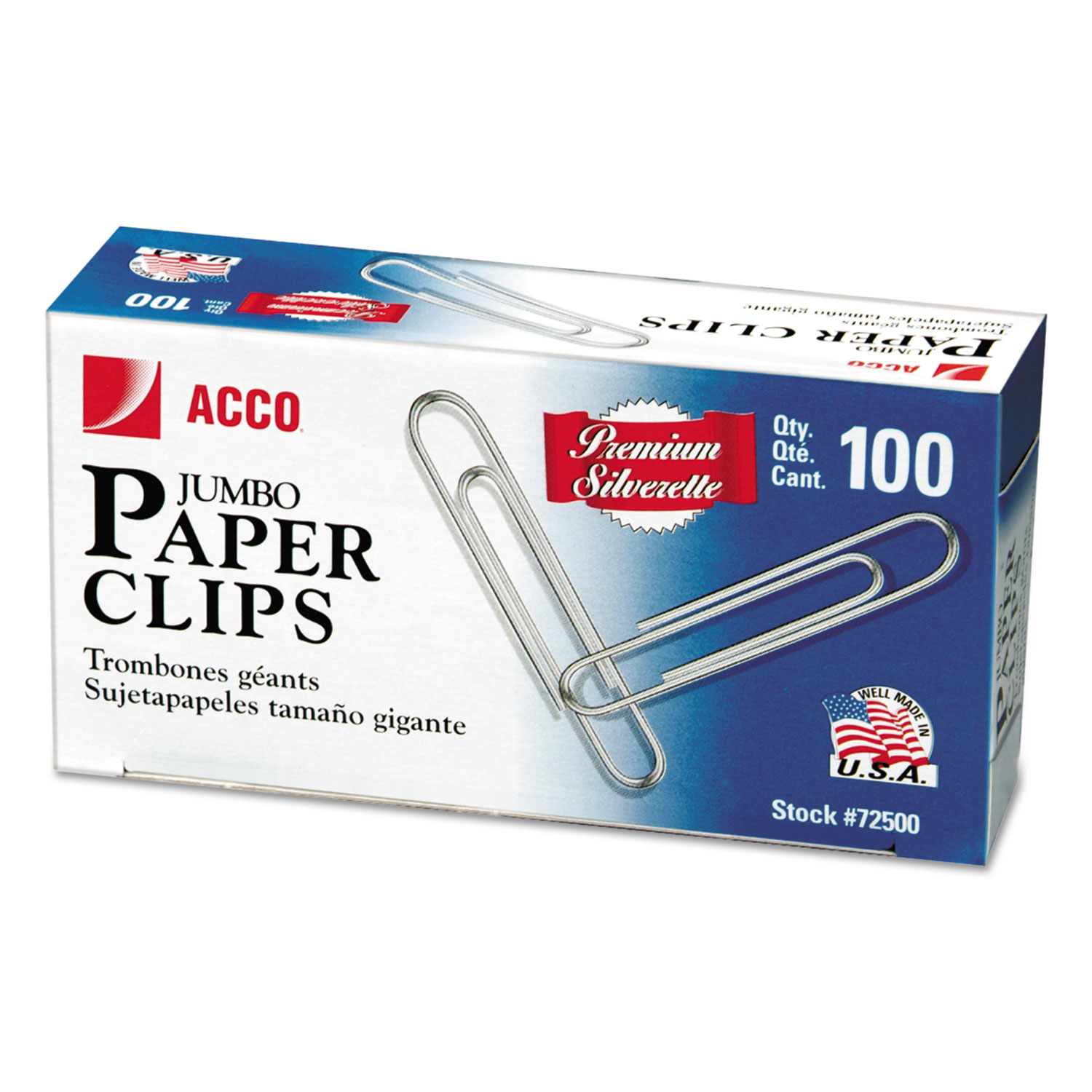Premium Paper Clips, Smooth, Jumbo, Silver, 100/Box, 10 Boxes/Pack