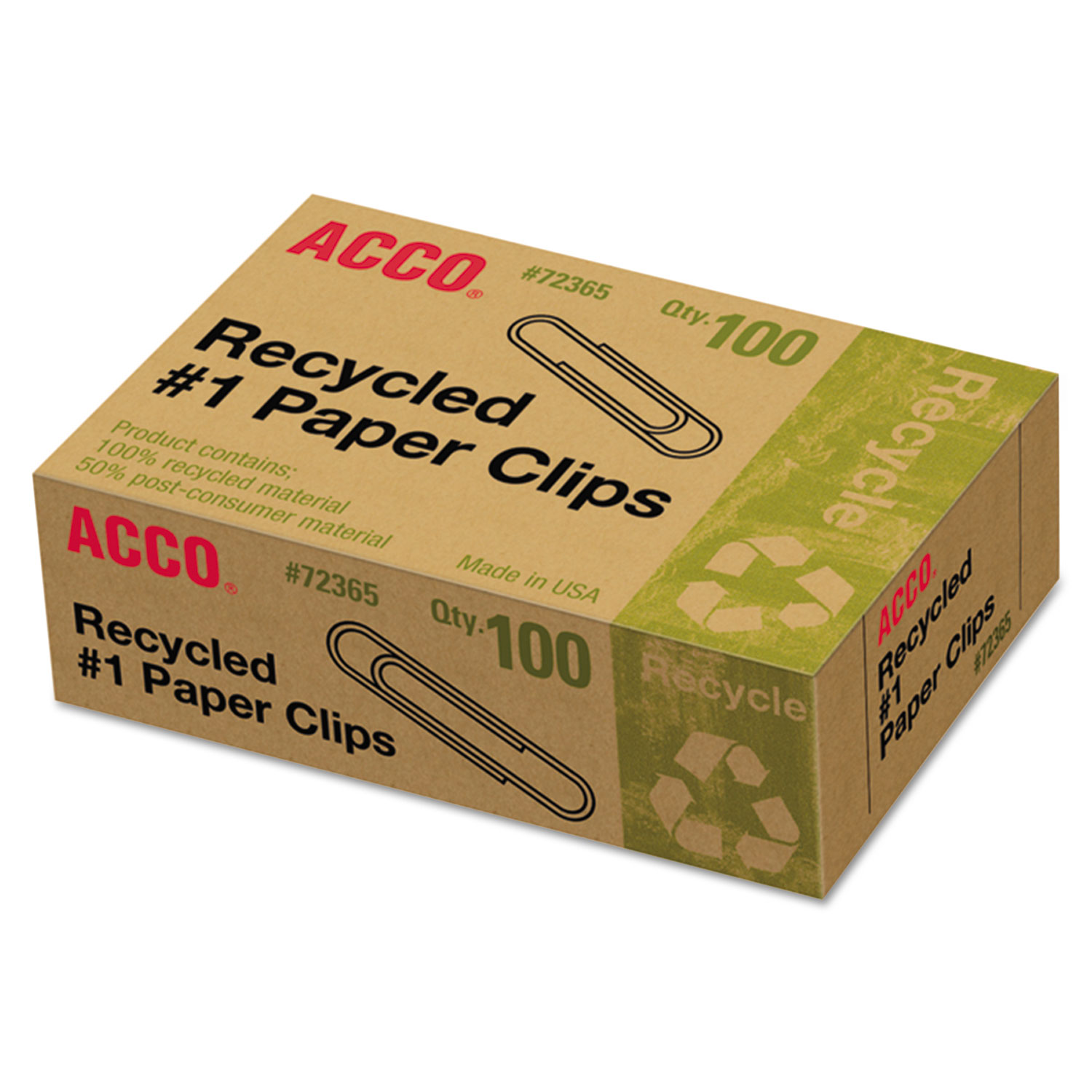 Recycled Paper Clips, Smooth, #1, 100/Box, 10 Boxes/Pack