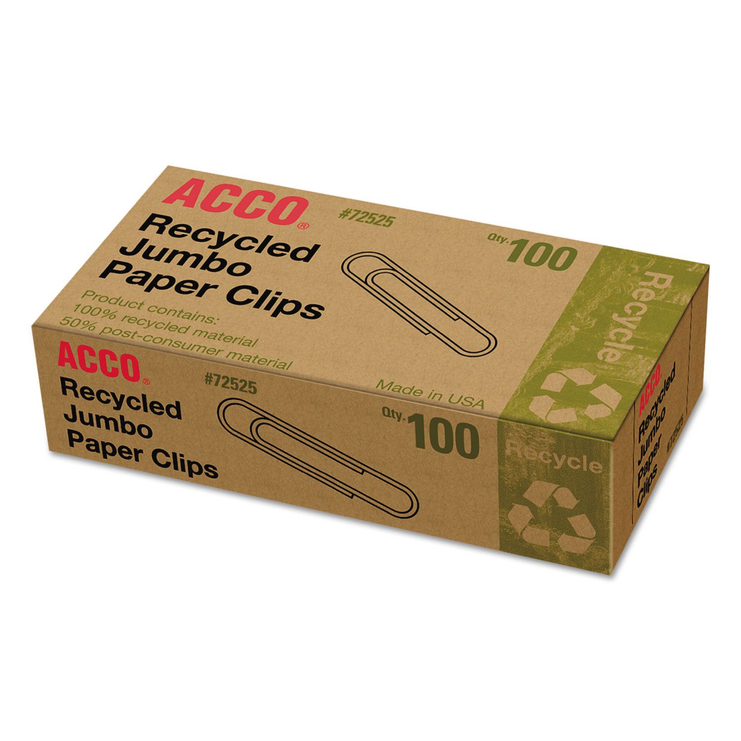 Recycled Paper Clips, Smooth, Jumbo, 100/Box, 10 Boxes/Pack