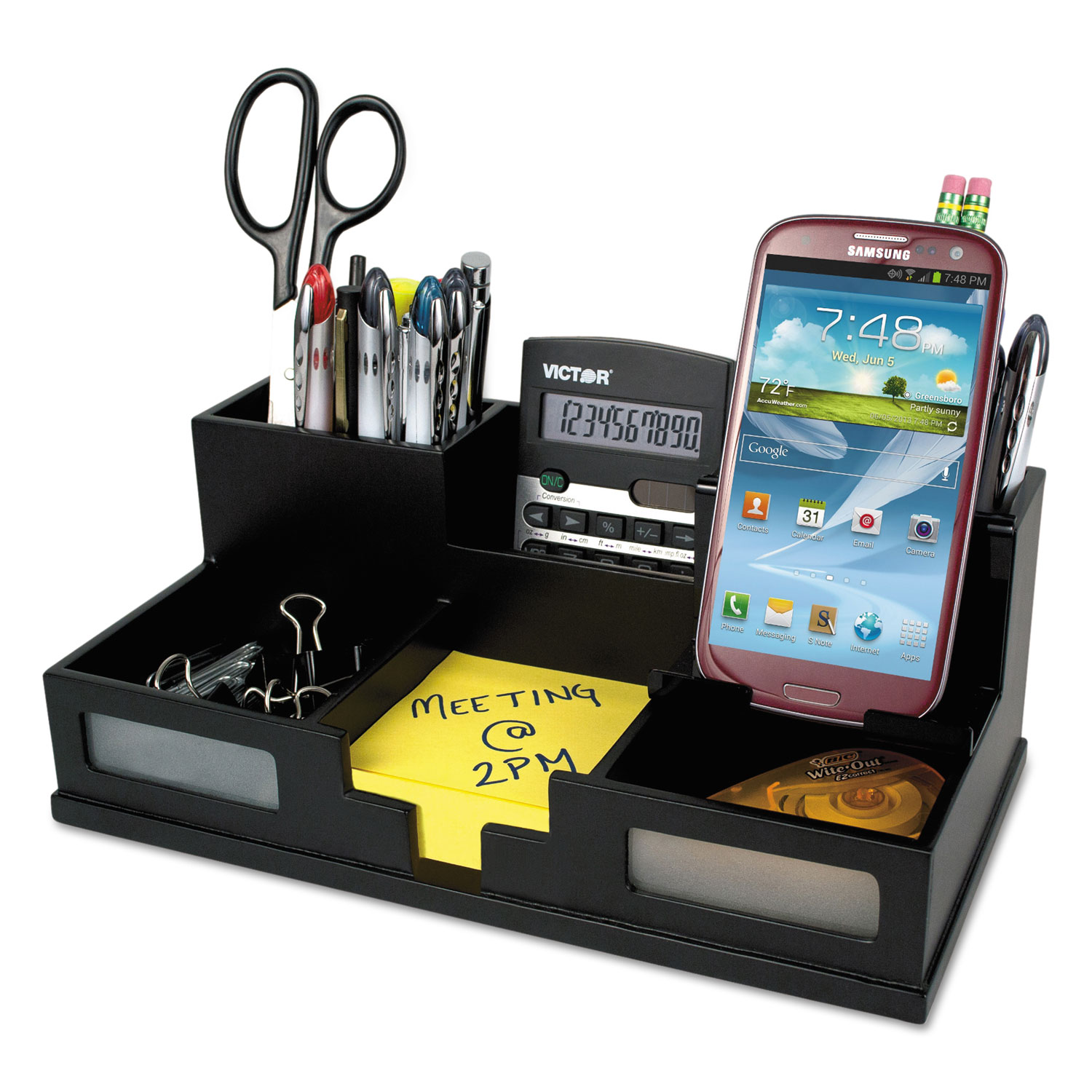 Midnight Black Desk Organizer with Smartphone Holder, 10 1/2 x 5 1/2 x 4, Wood