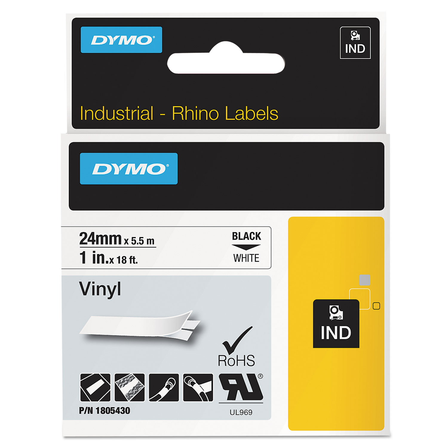  DYMO 1805430 Rhino Permanent Vinyl Industrial Label Tape, 1 x 18 ft, White/Black Print (DYM1805430) 